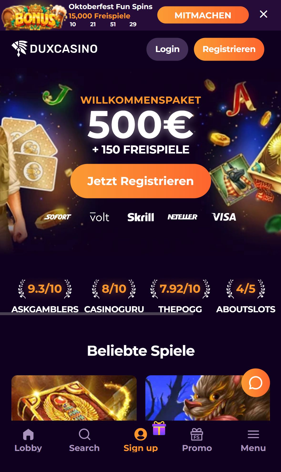 Duxcasino — Startseite (Mobil)