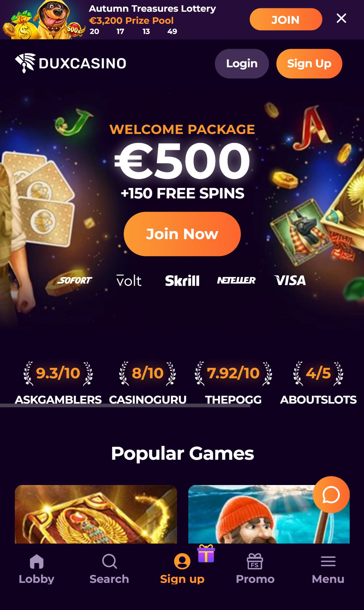 Duxcasino — Homepage (Mobile)