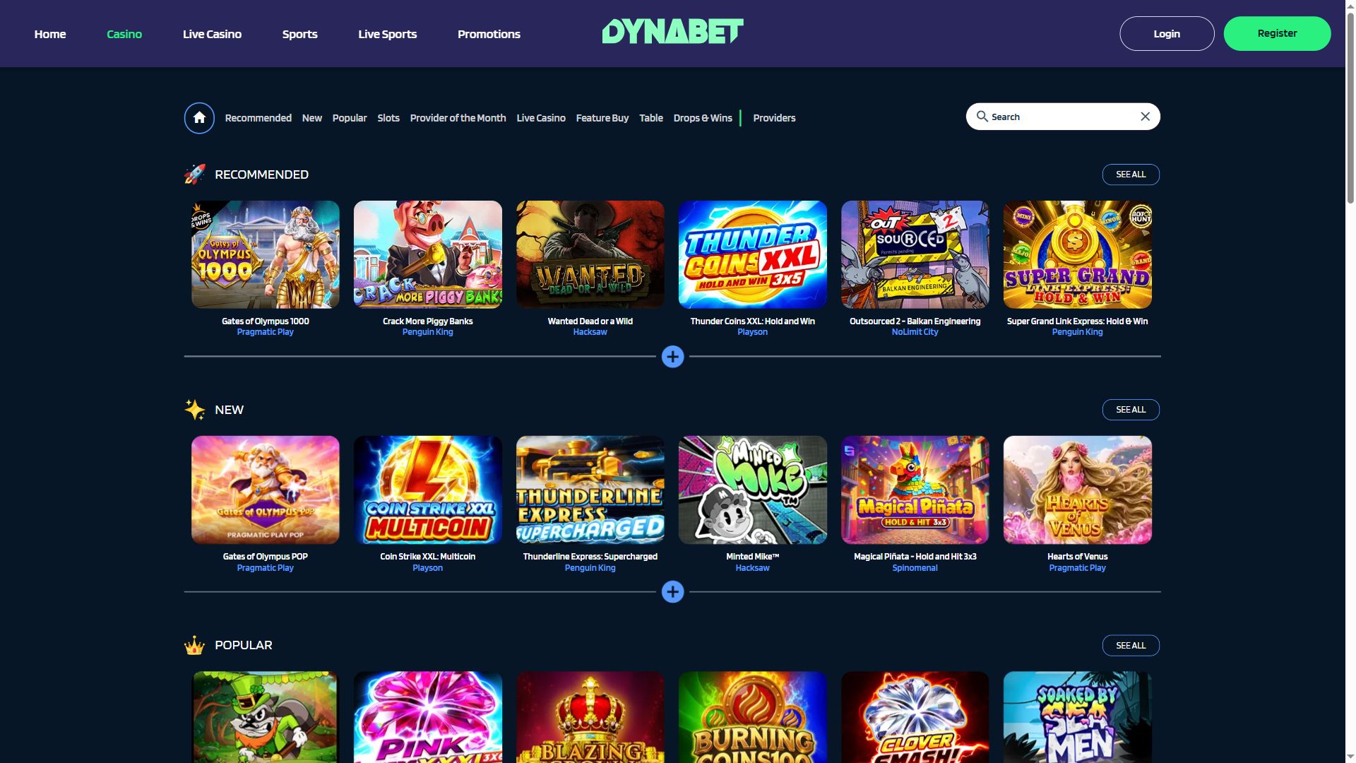 DynaBet — Lobby (Desktop)
