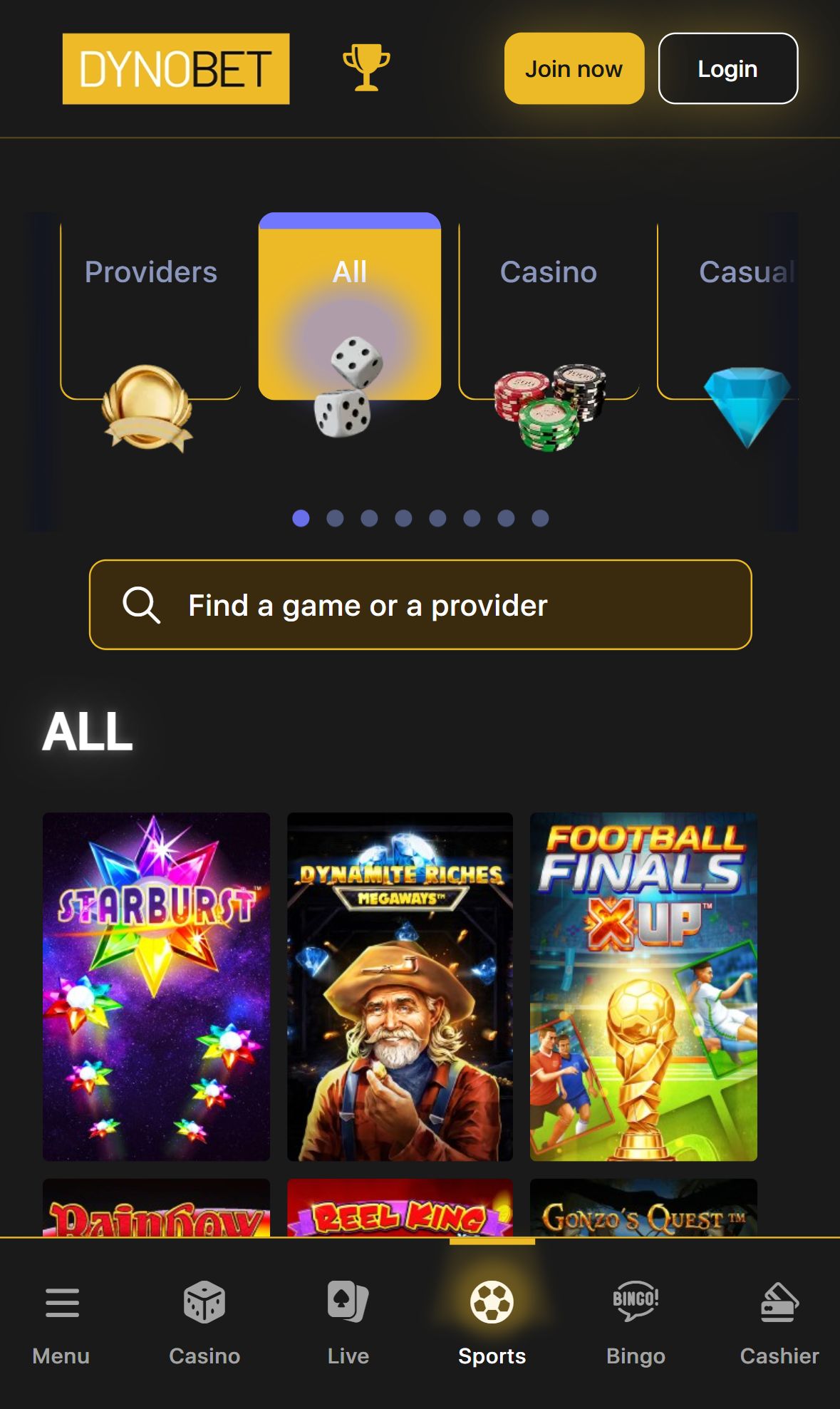 Dynobet — Lobby (Mobile)