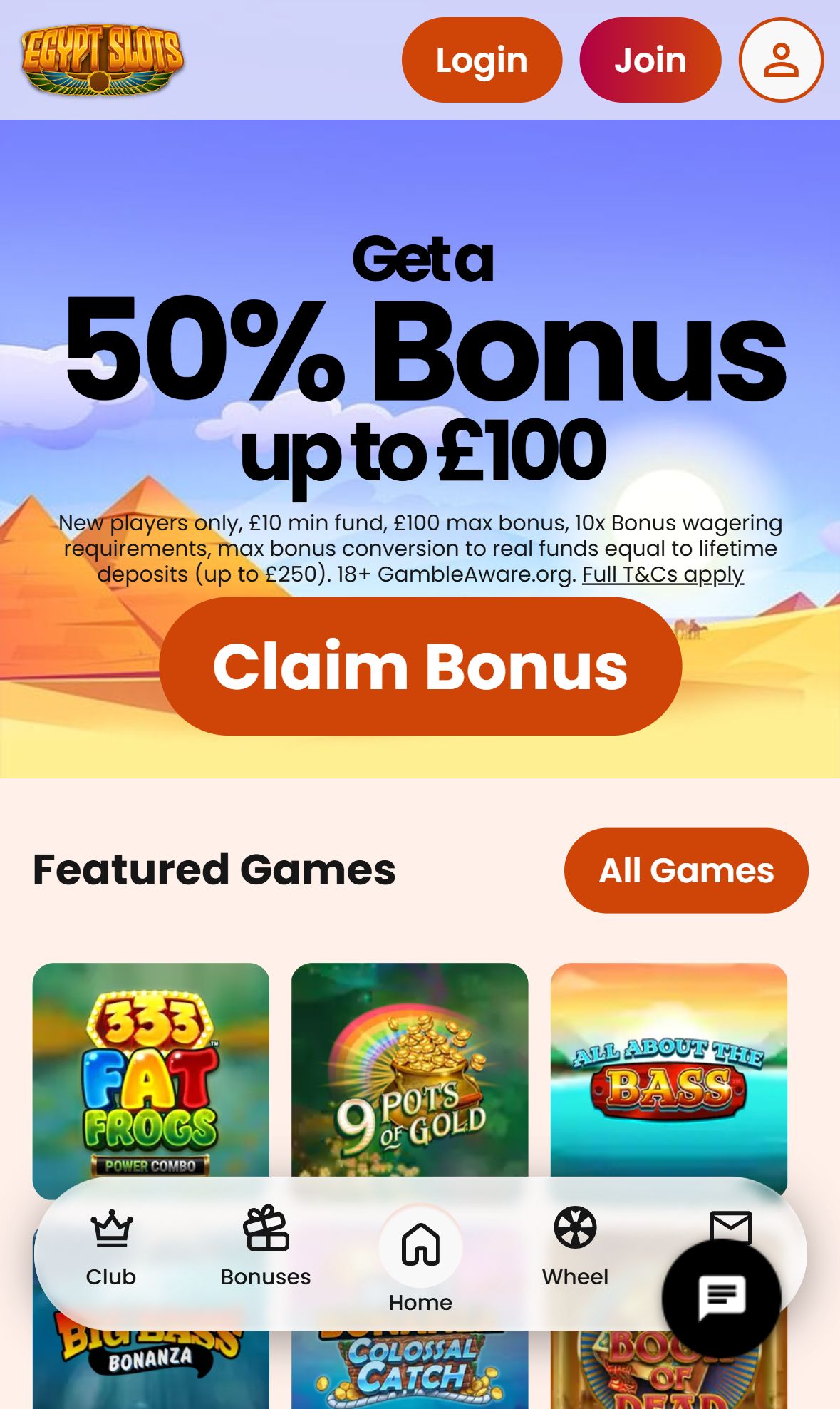 Egypt Slots — Homepage (Mobile)