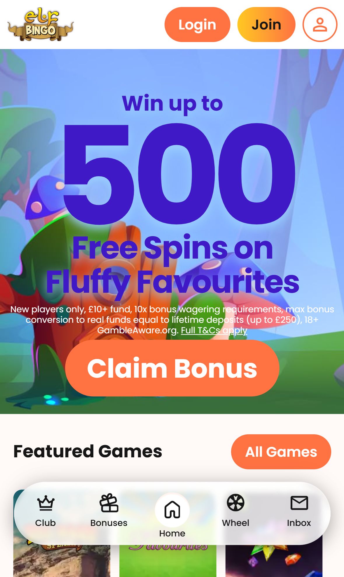 Elfbingo — Homepage (Mobile)