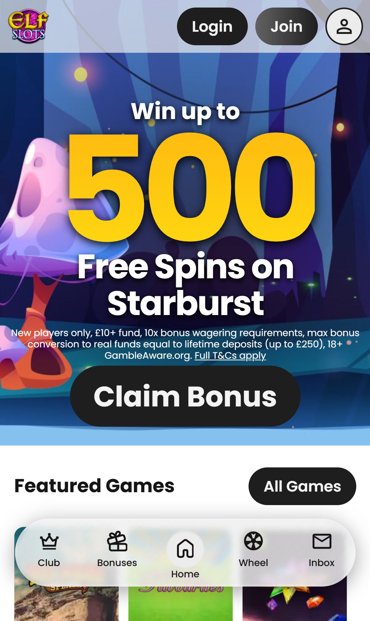 Elfslots — Homepage (Mobile)