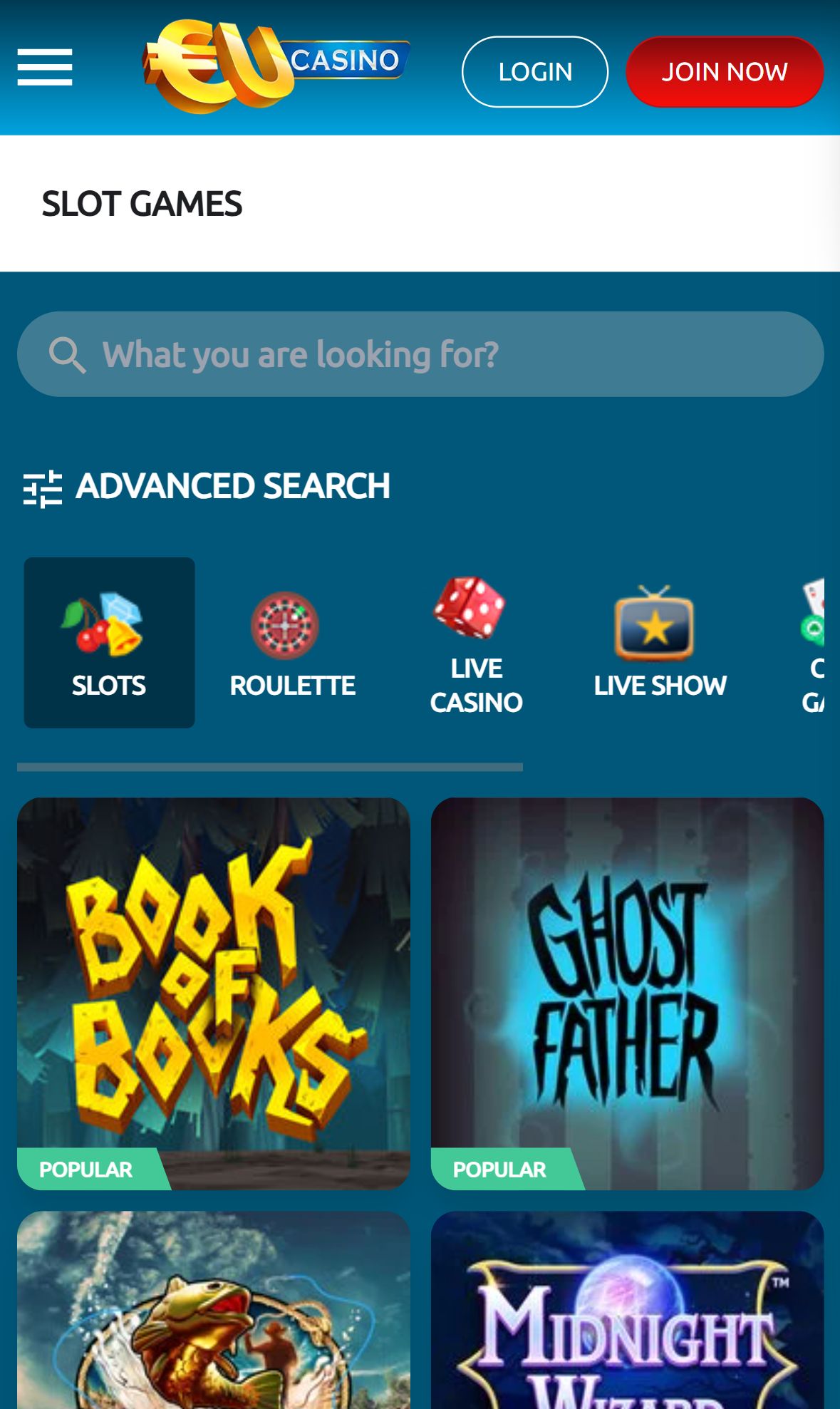 Eucasino — Lobby (Mobile)