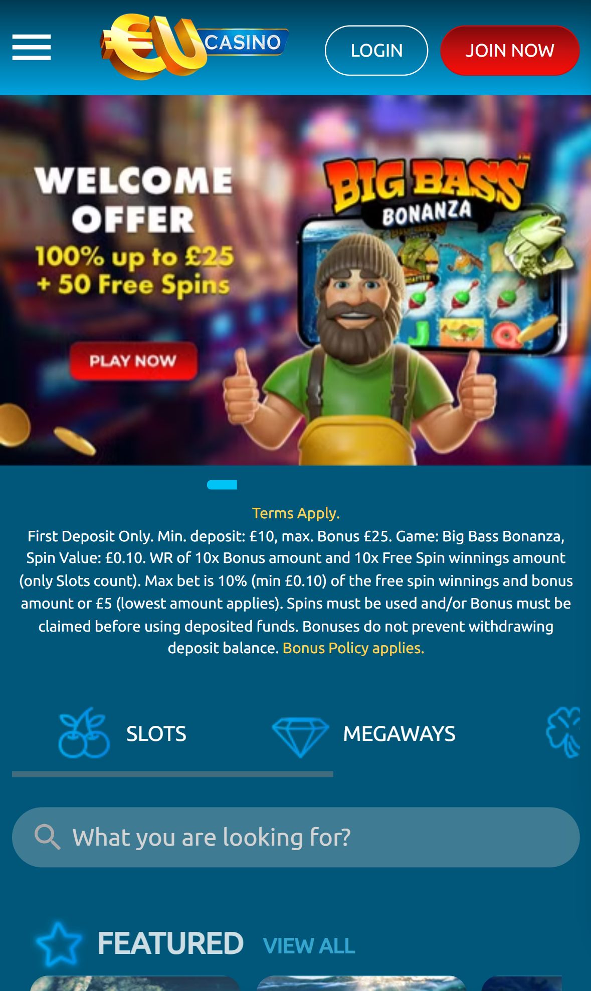 Eucasino — Homepage (Mobile)