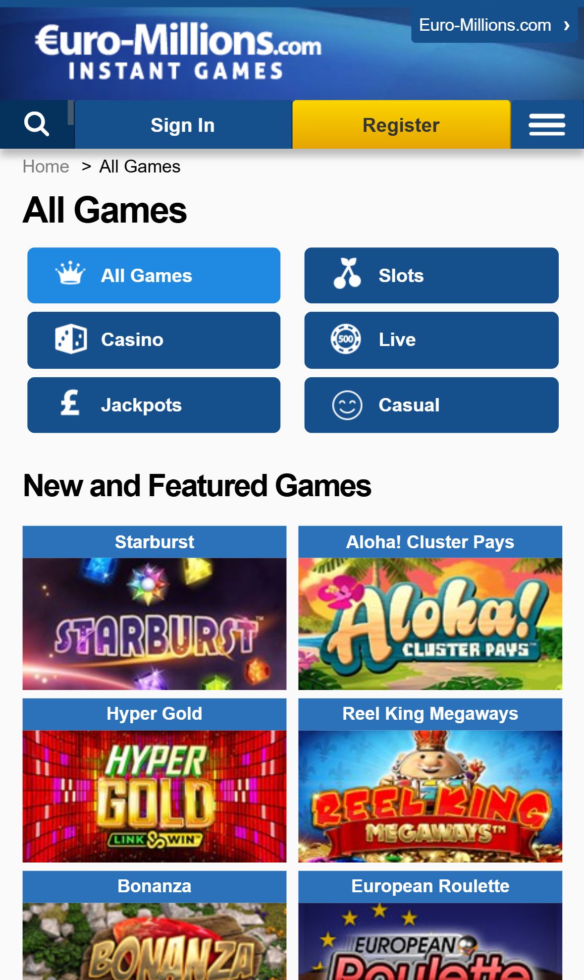 Euro Millions — Lobby (Mobile)