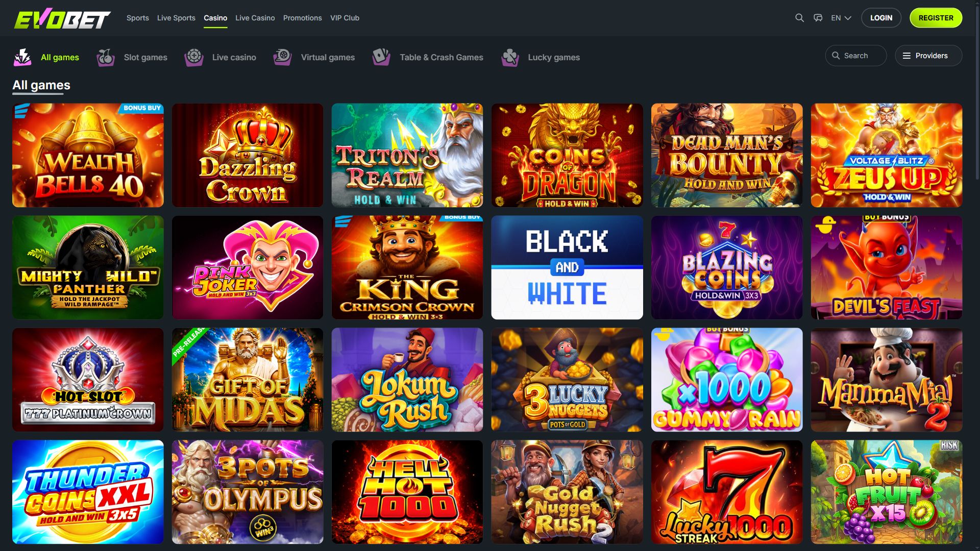 Evobet — Lobby (Desktop)