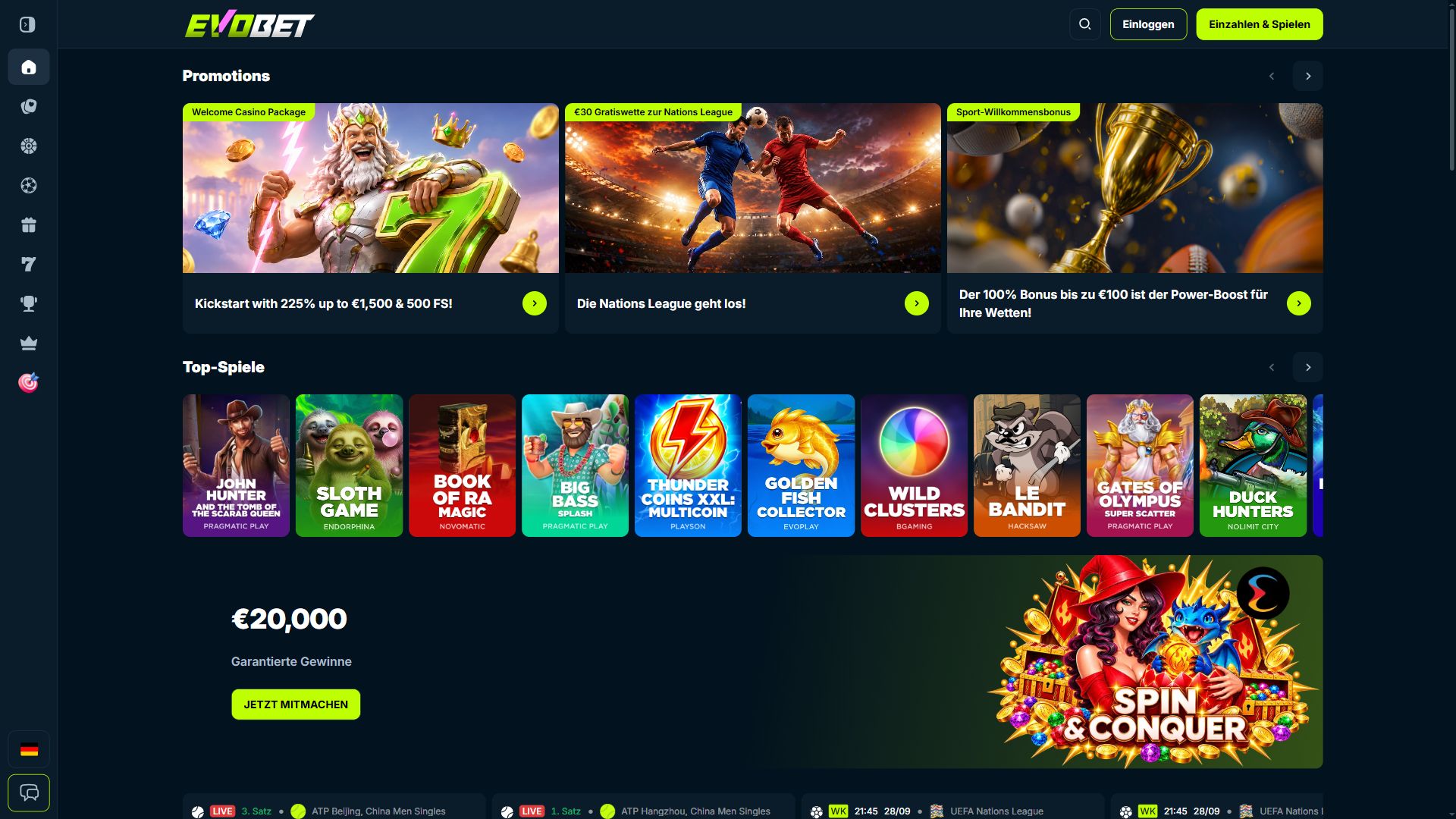 Evobet — Startseite (Desktop)