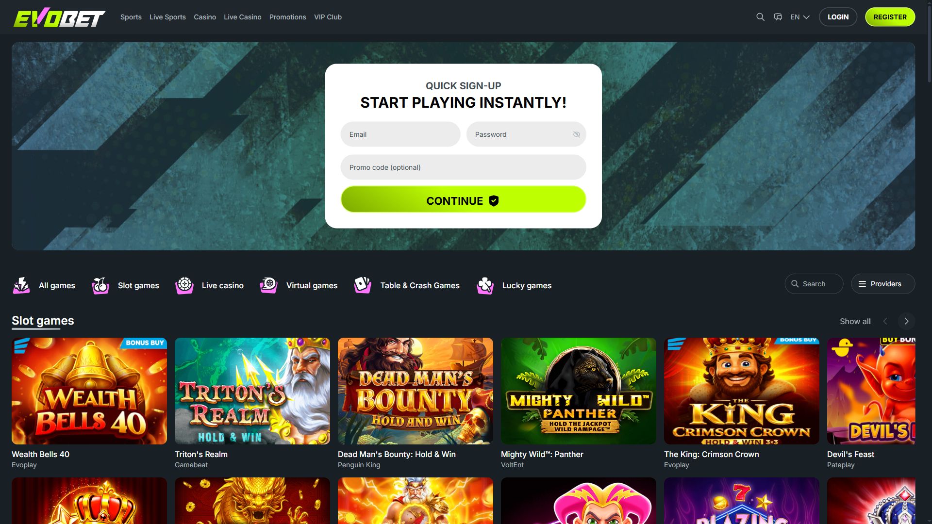 Evobet — Homepage (Desktop)