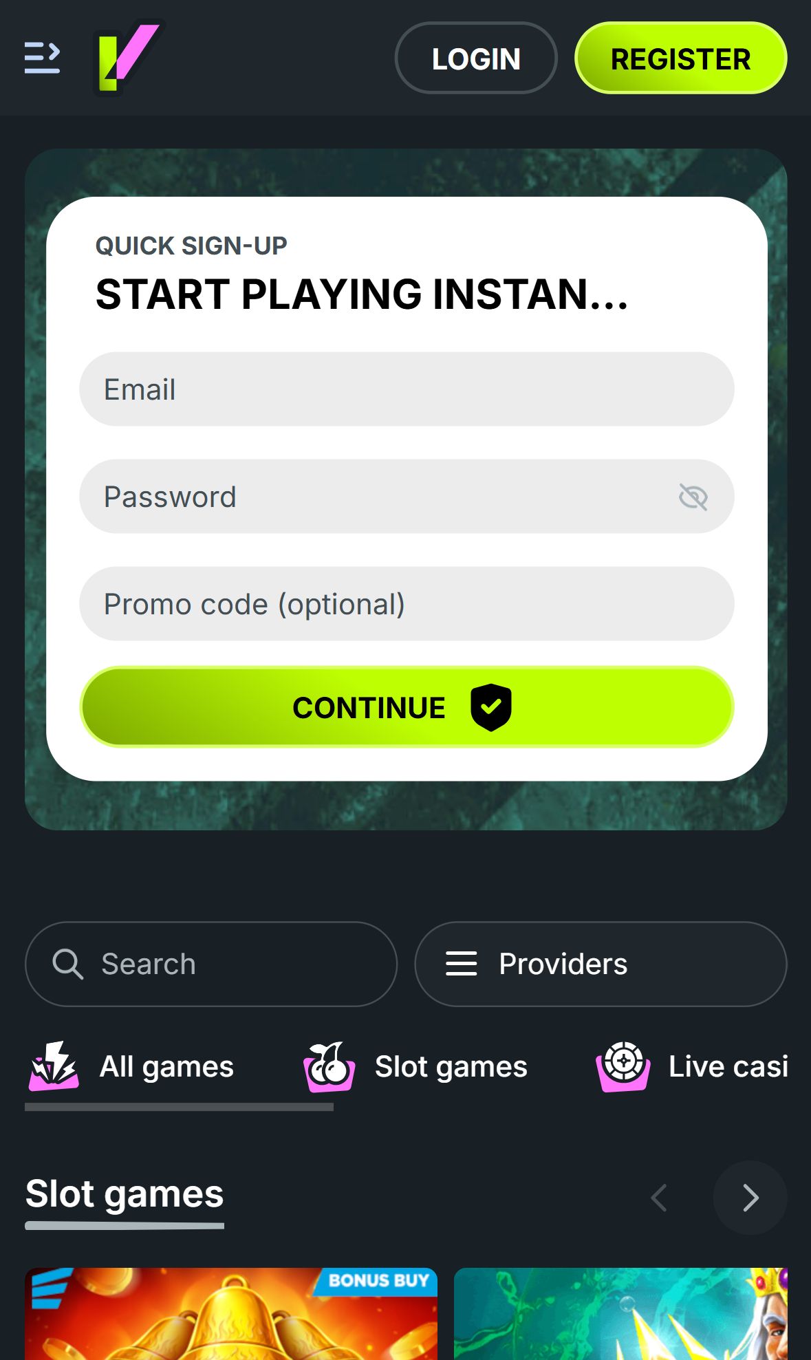 Evobet — Homepage (Mobile)