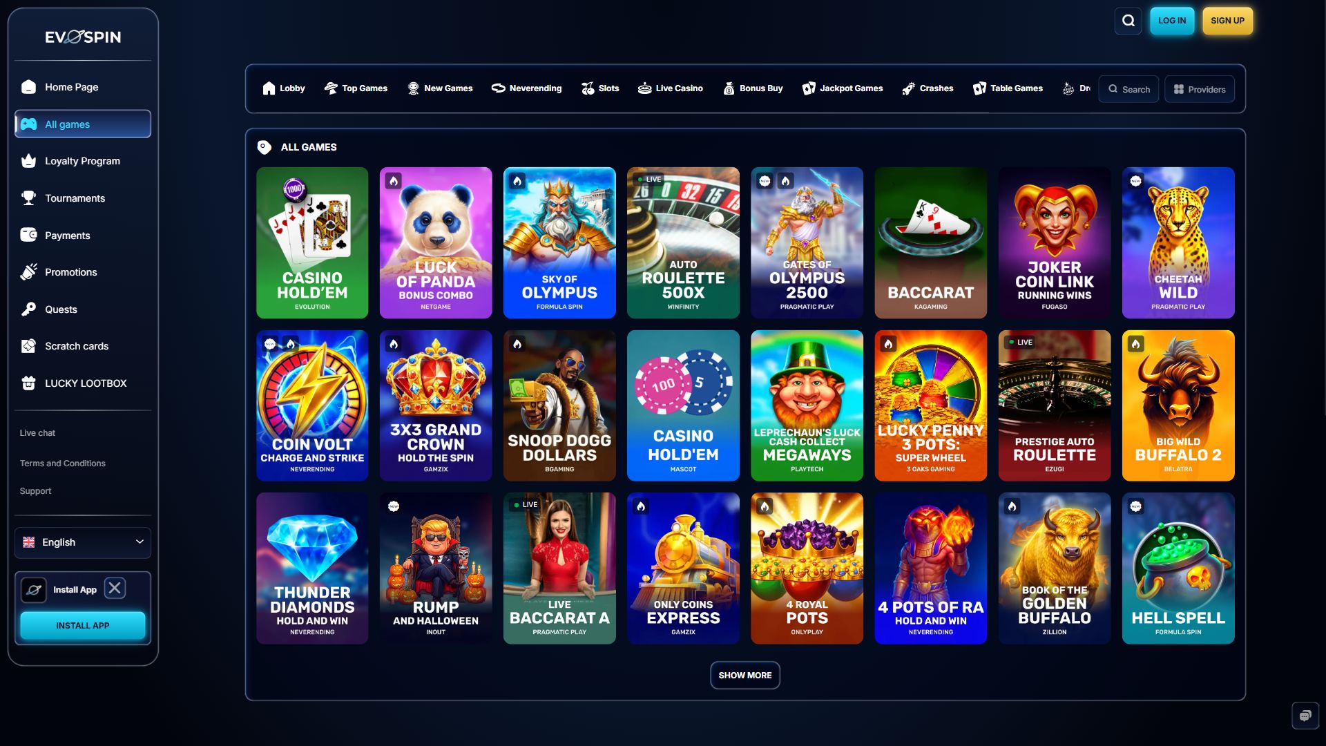 Evospin — Lobby (Desktop)
