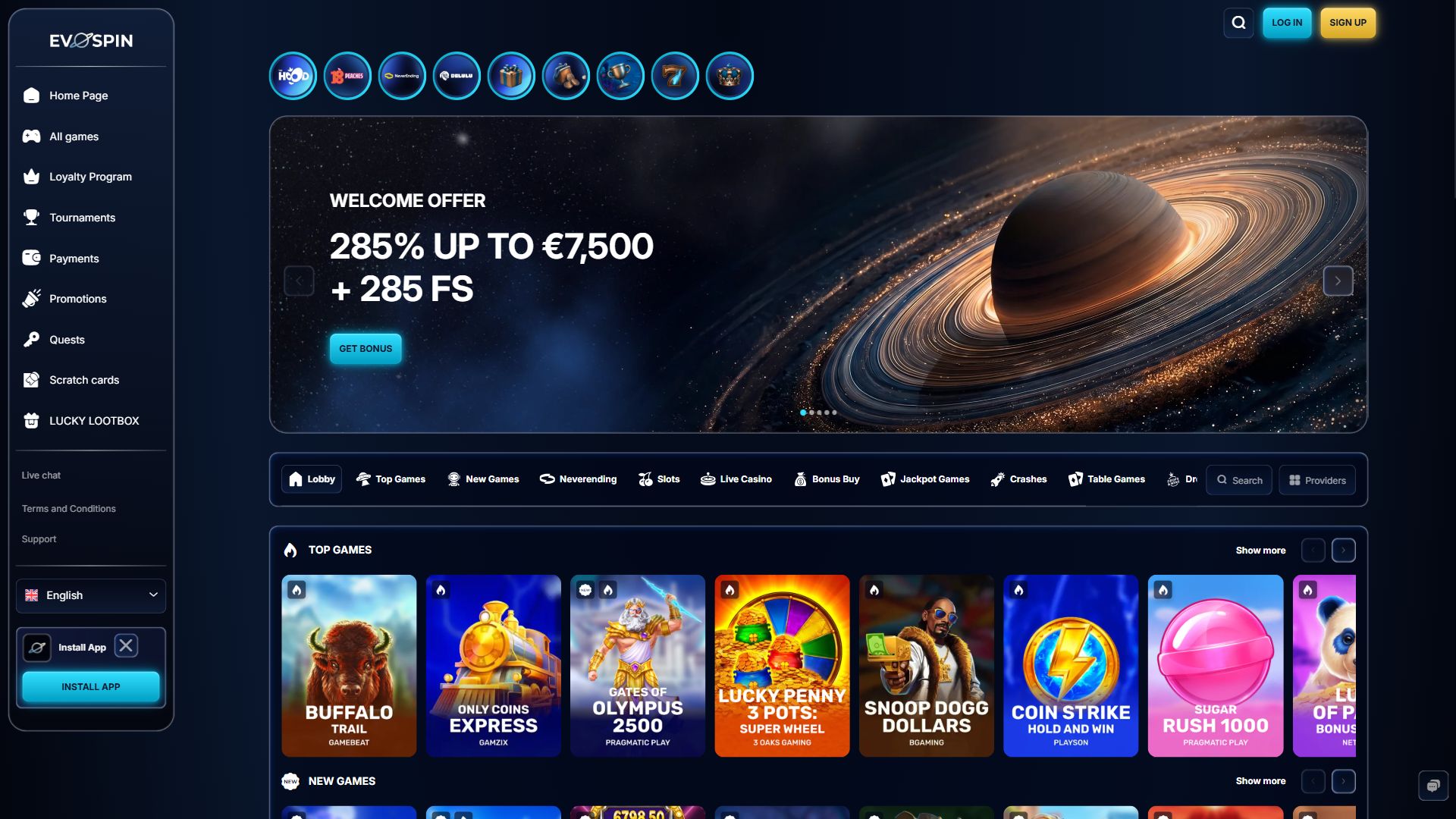 Evospin — Homepage (Desktop)