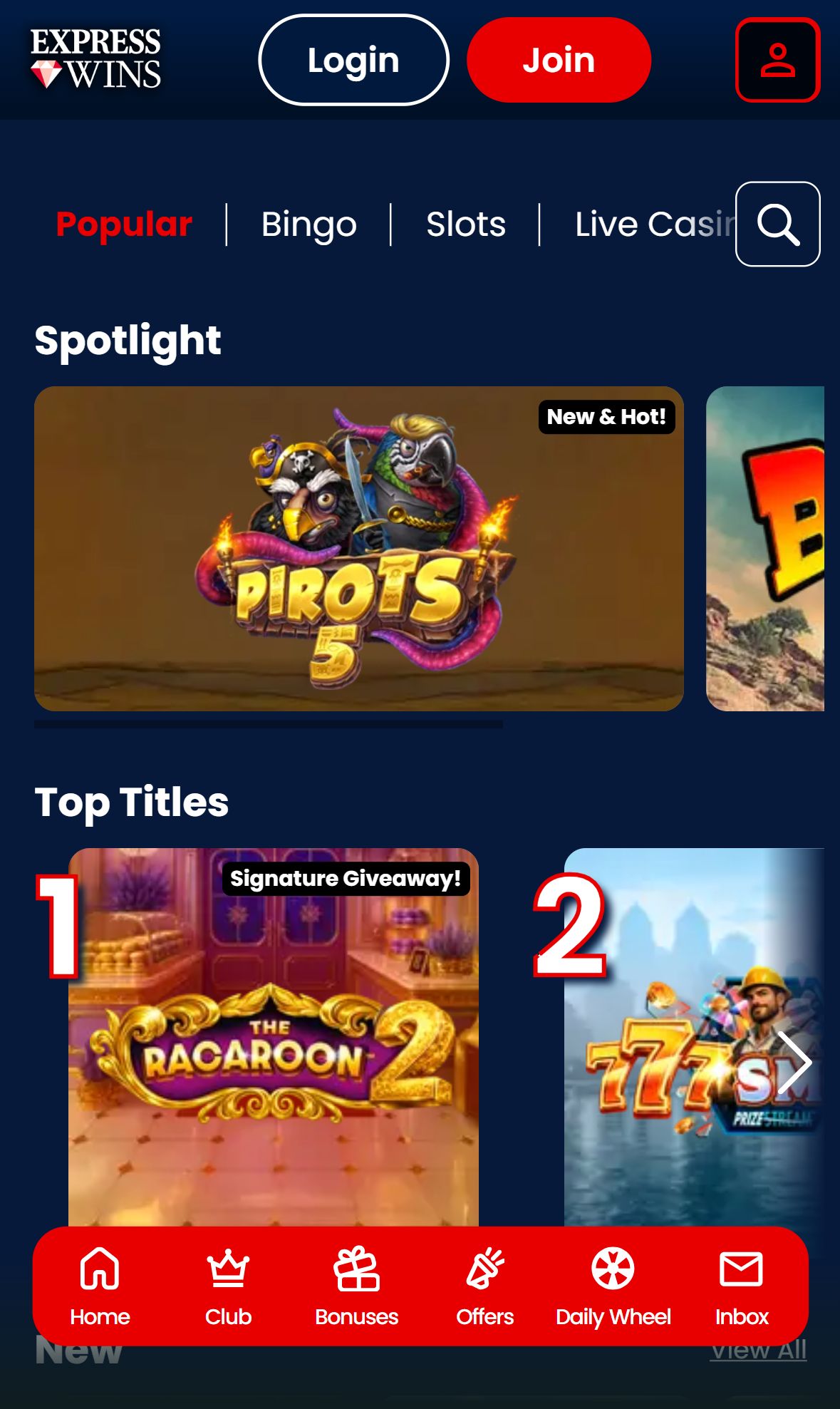 Express Wins — Lobby (Mobile)