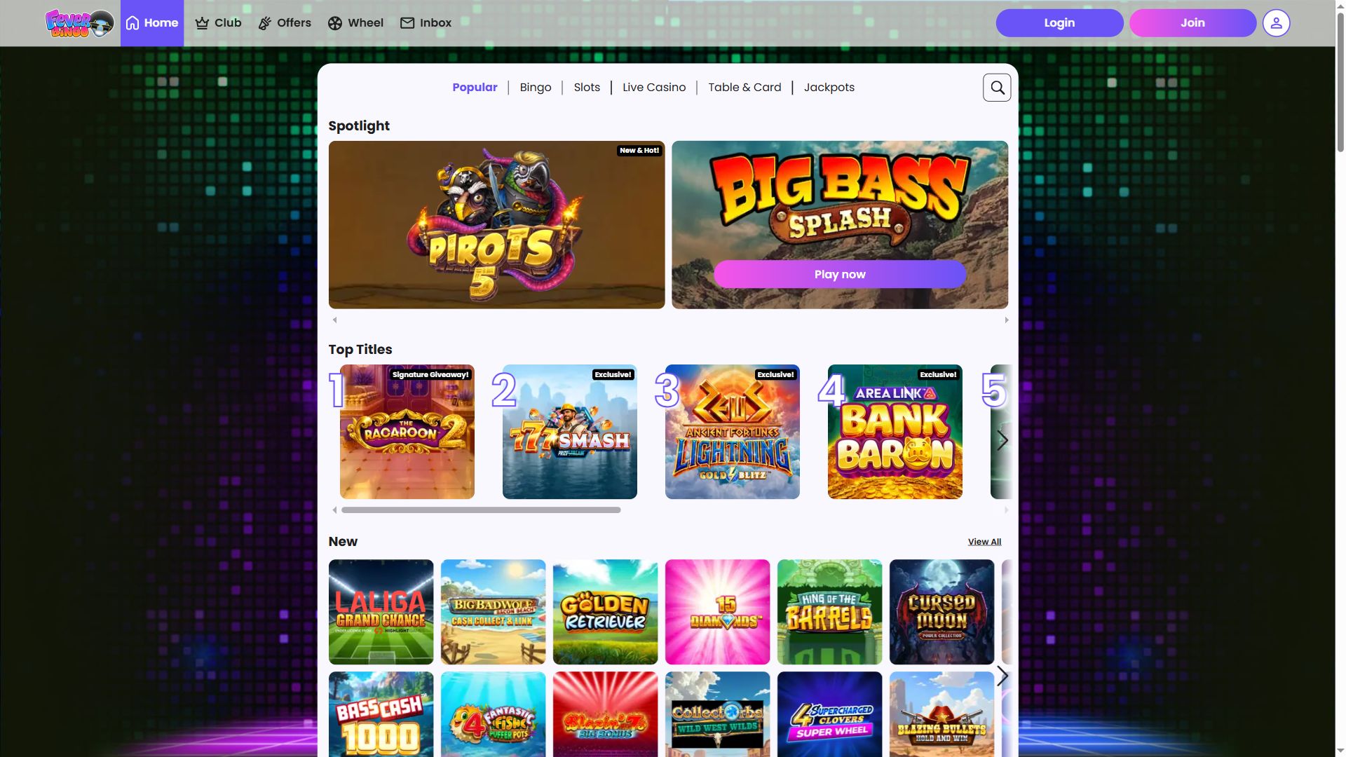 Feve Bingo — Lobby (Desktop)