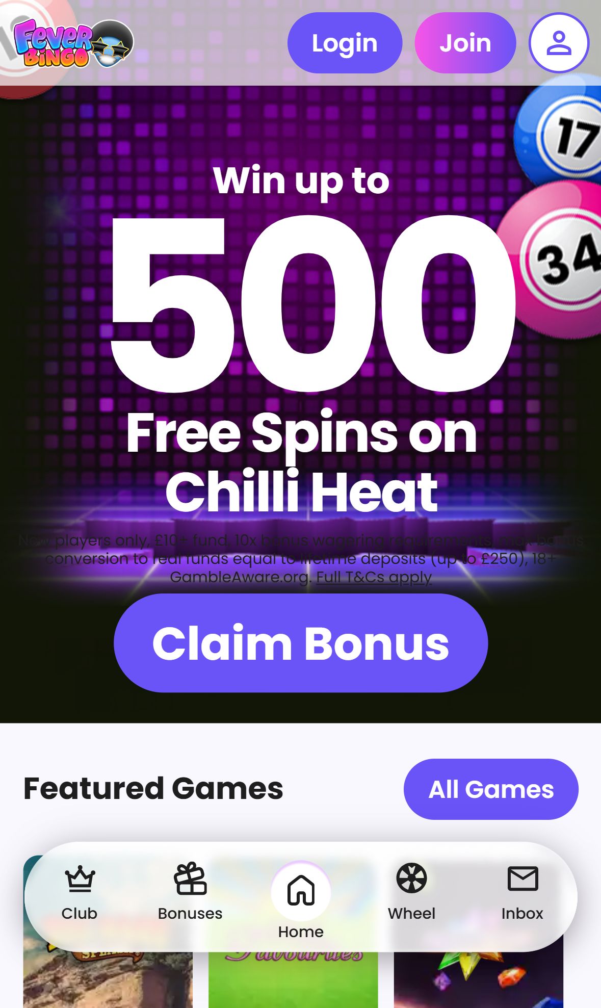Feve Bingo — Homepage (Mobile)