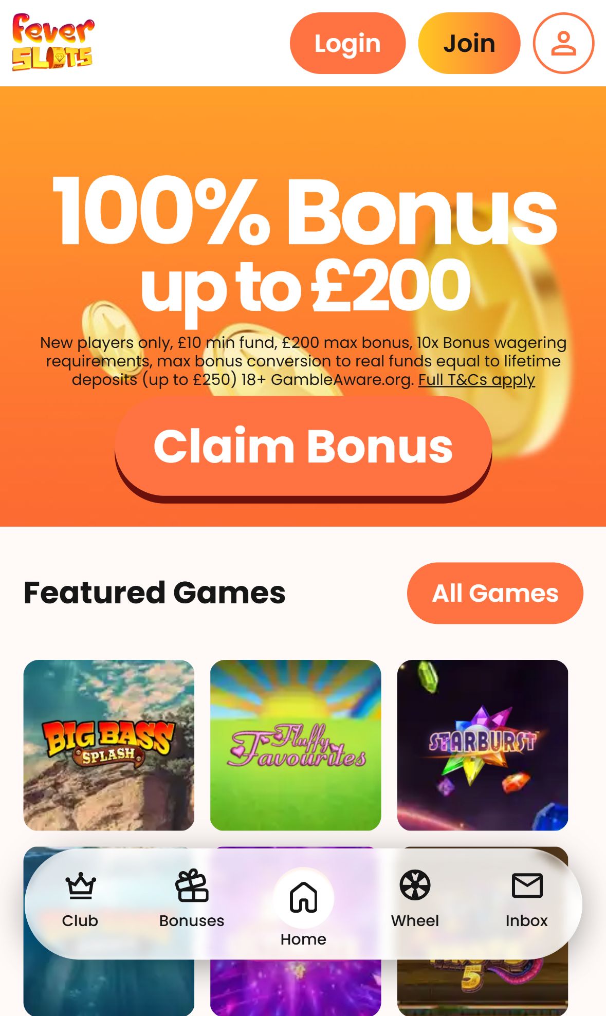 Fever Slots — Homepage (Mobile)