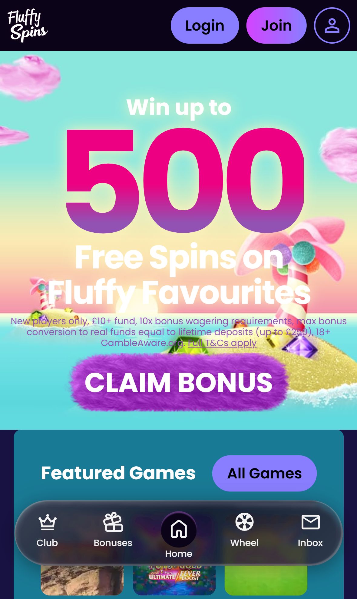 Fluffy Spins — Homepage (Mobile)