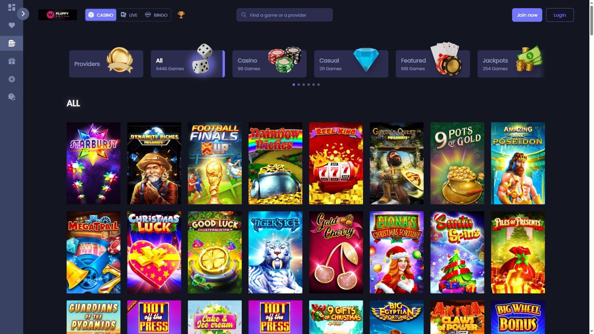 Fluffywincasino — Lobby (Desktop)