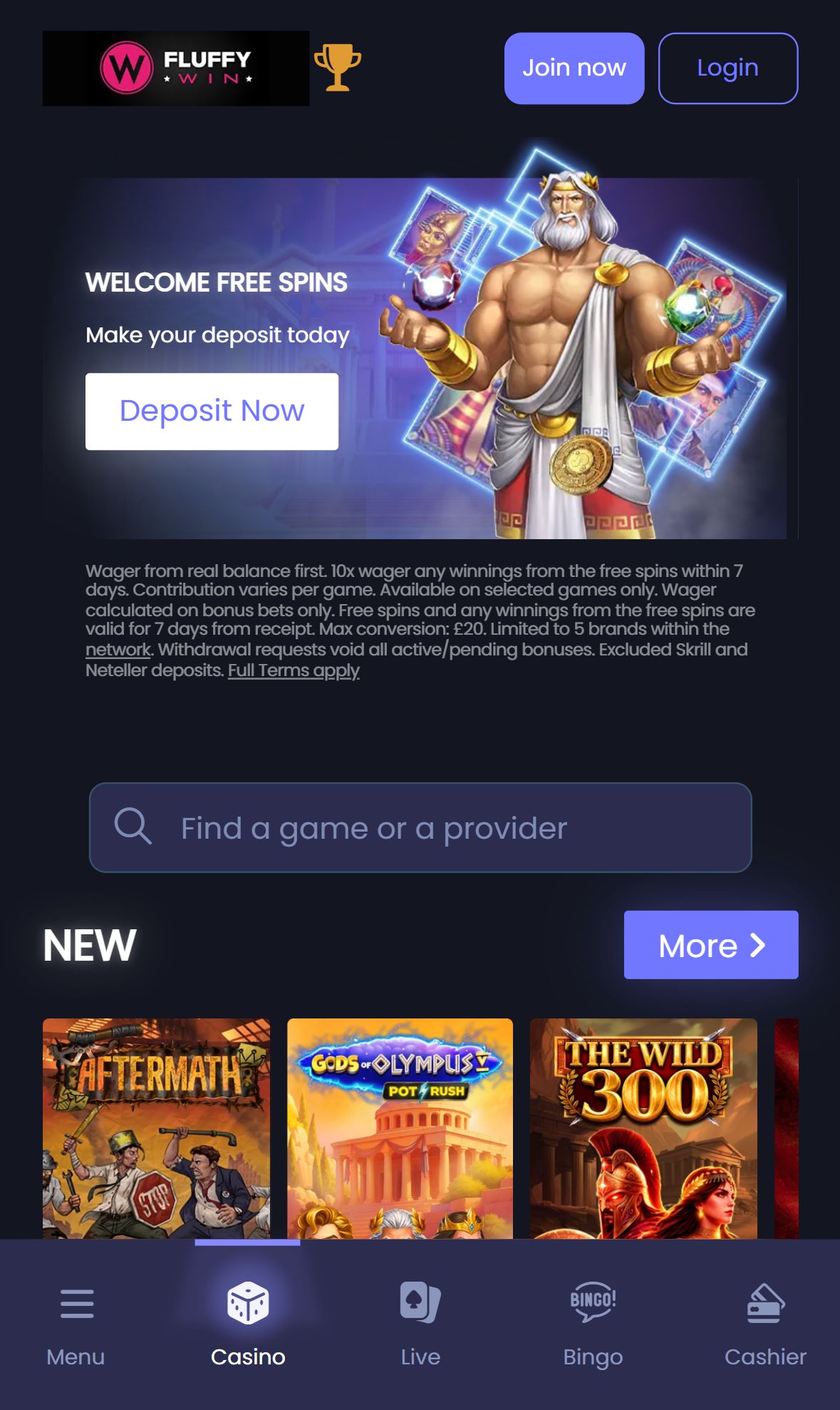 Fluffywincasino — Homepage (Mobile)