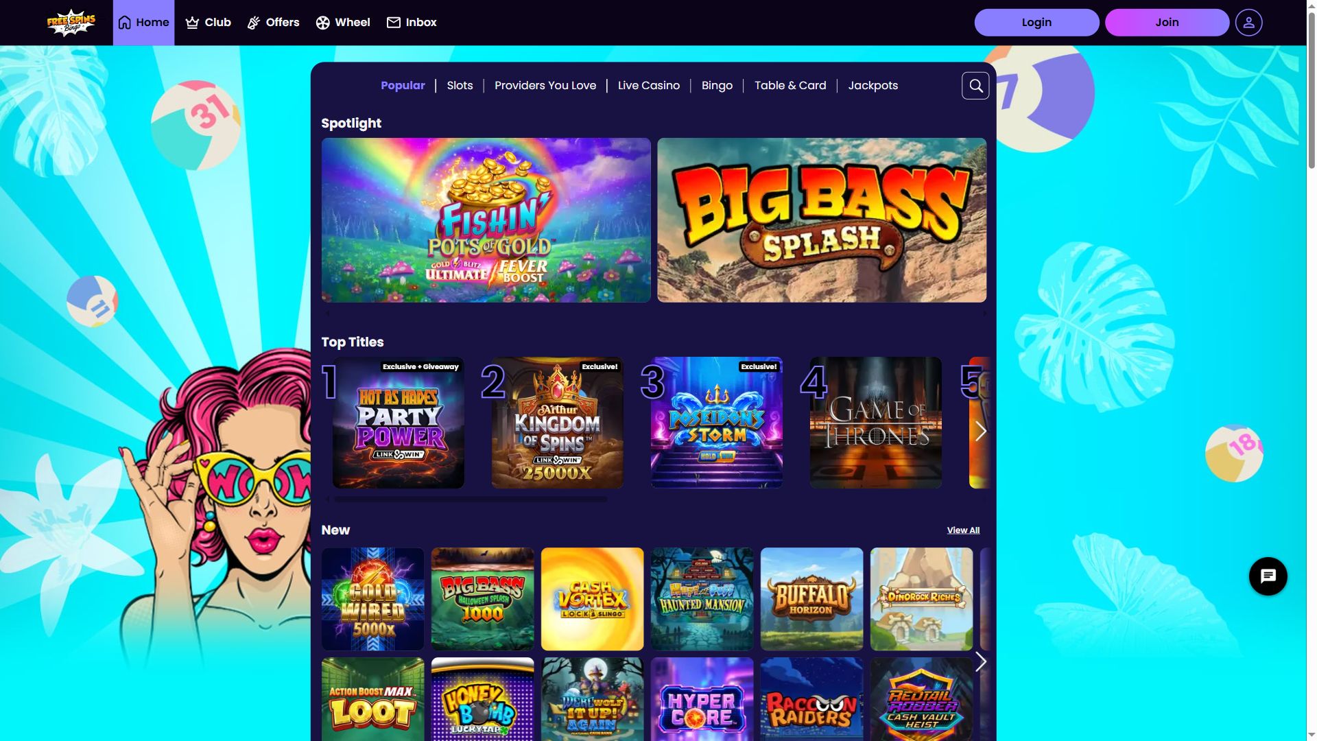 Free Spins Bingo — Lobby (Desktop)