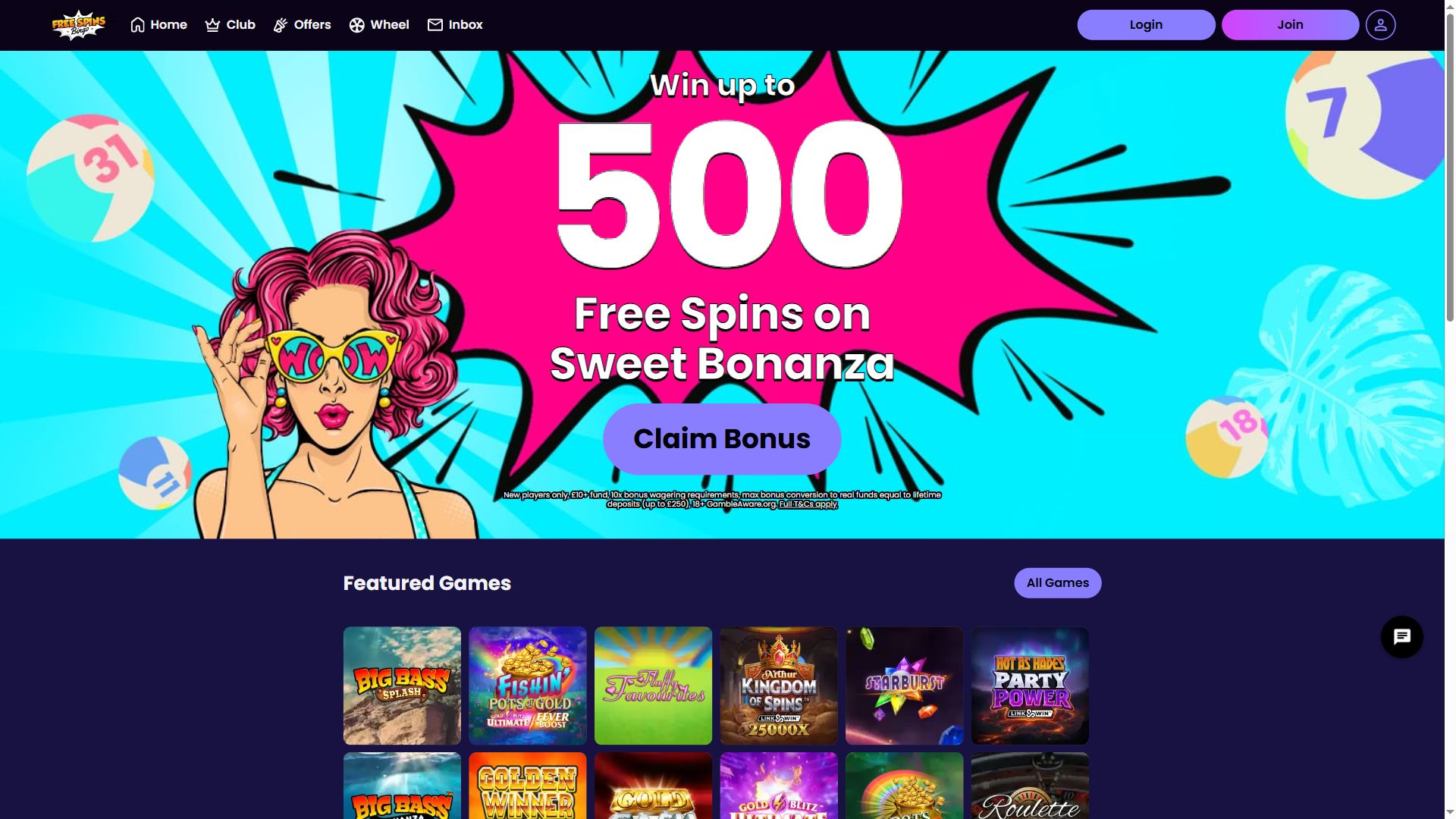 Free Spins Bingo — Homepage (Desktop)