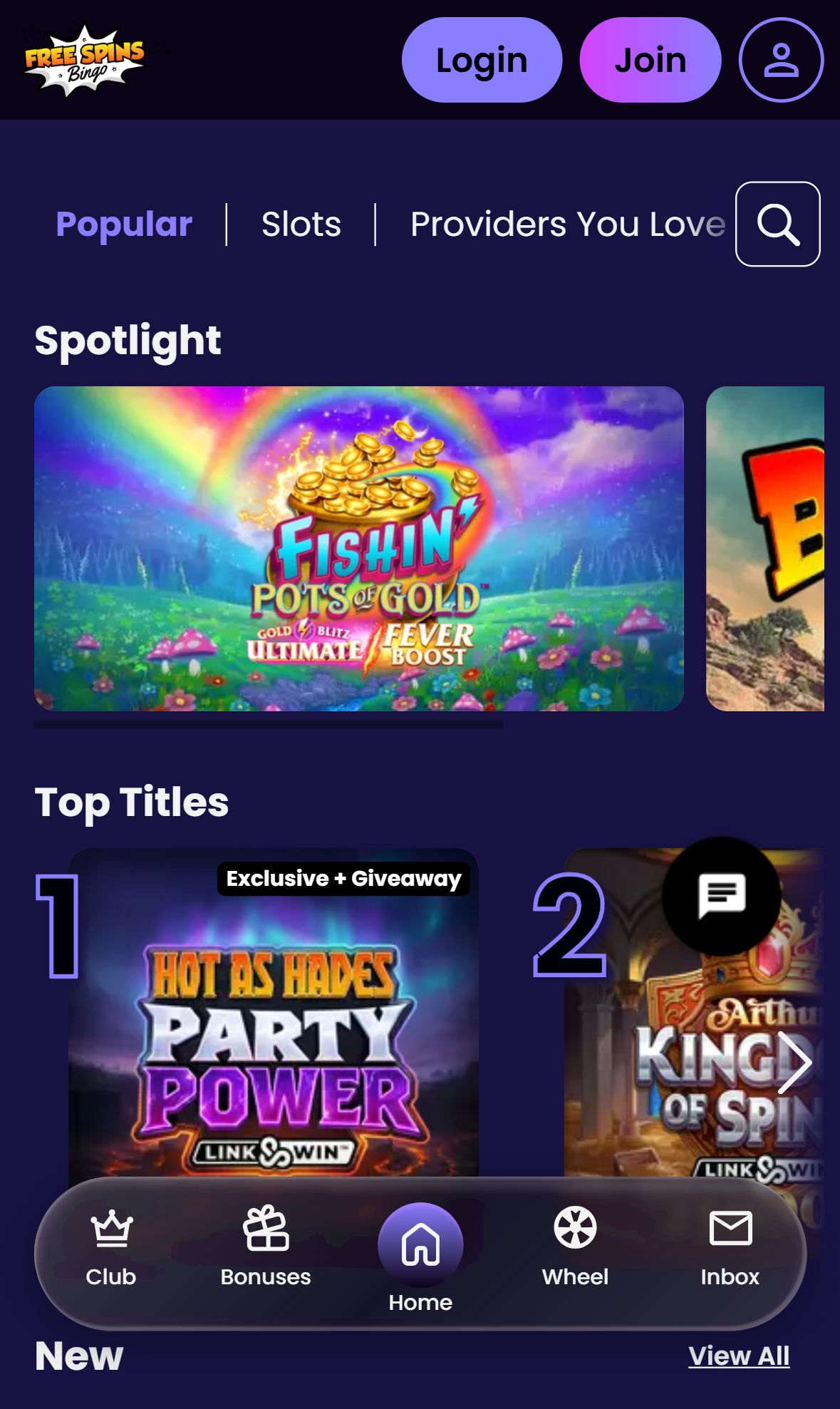 Free Spins Bingo — Lobby (Mobile)