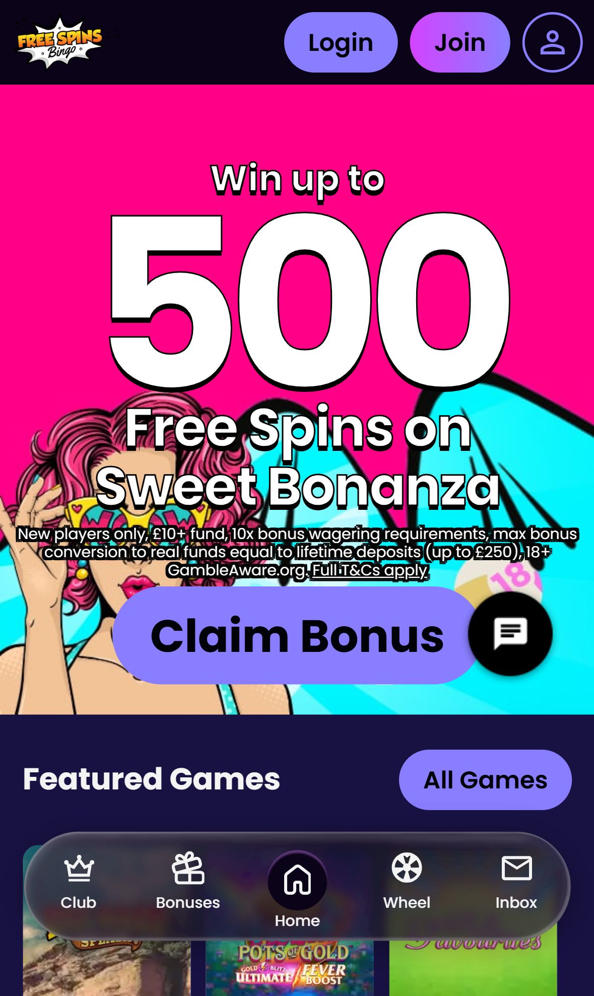 Free Spins Bingo — Homepage (Mobile)