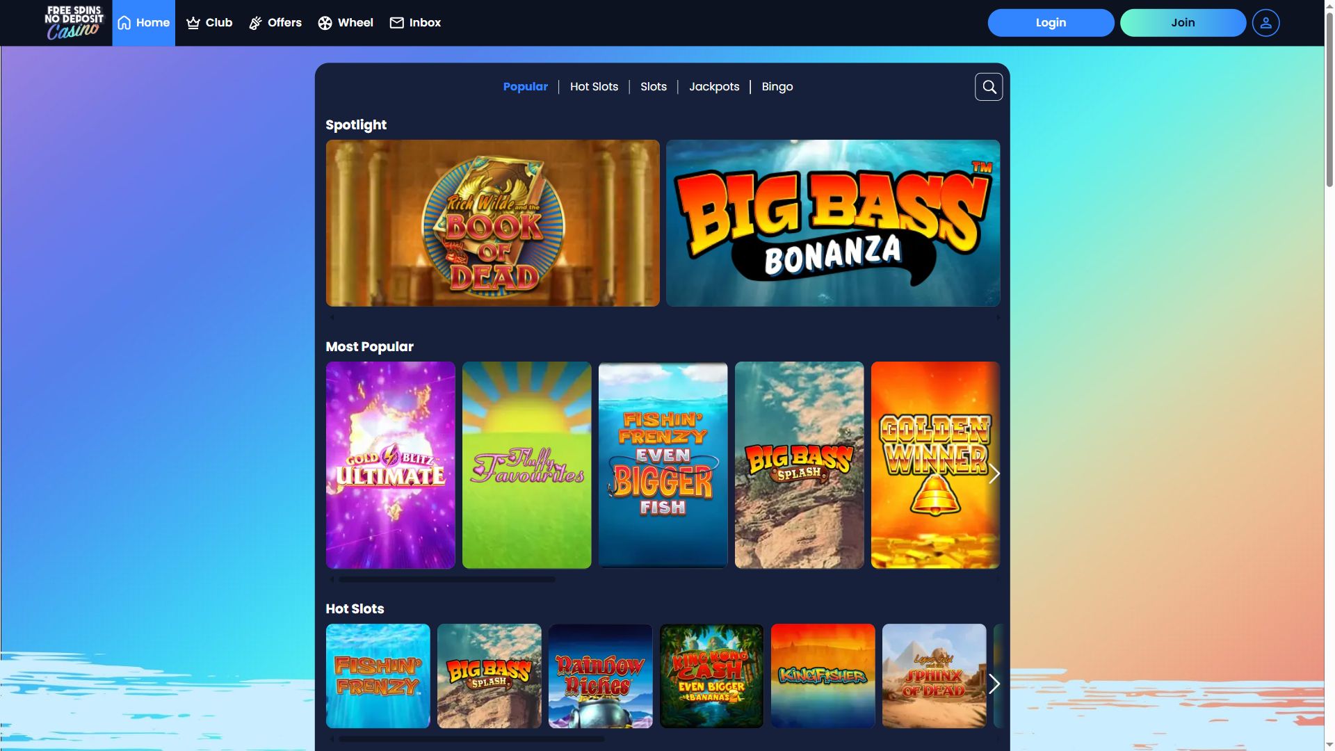 Free Spins No Deposit — Lobby (Desktop)