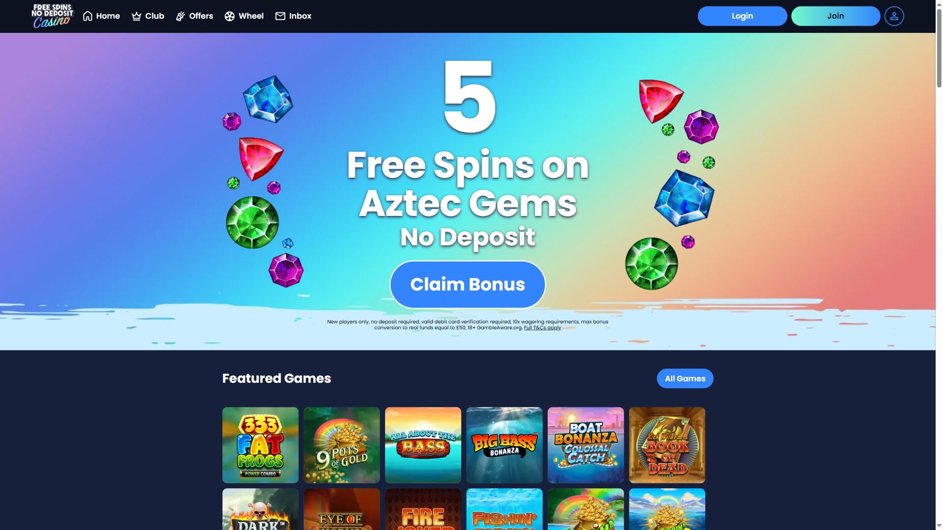 Free Spins No Deposit — Homepage (Desktop)