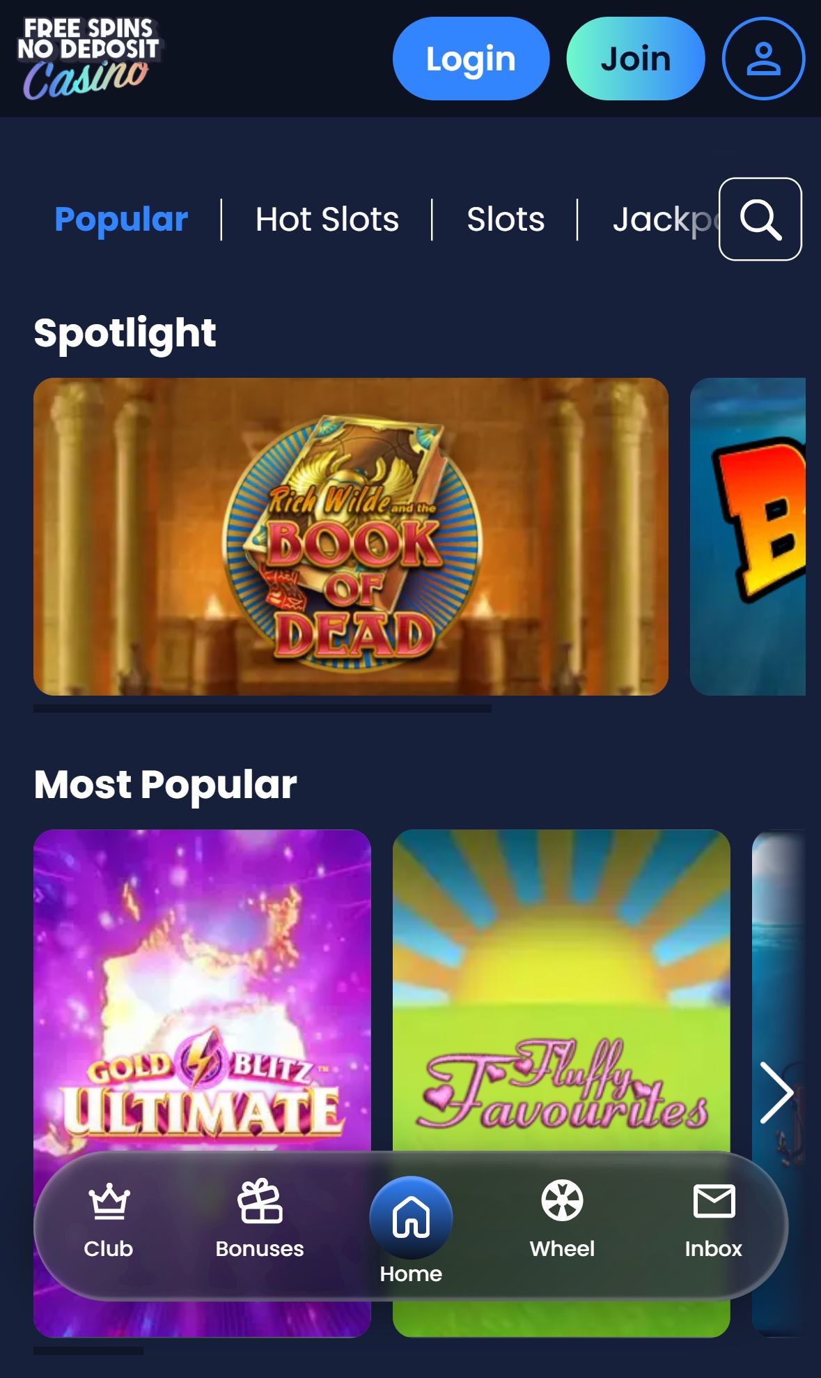 Free Spins No Deposit — Lobby (Mobile)