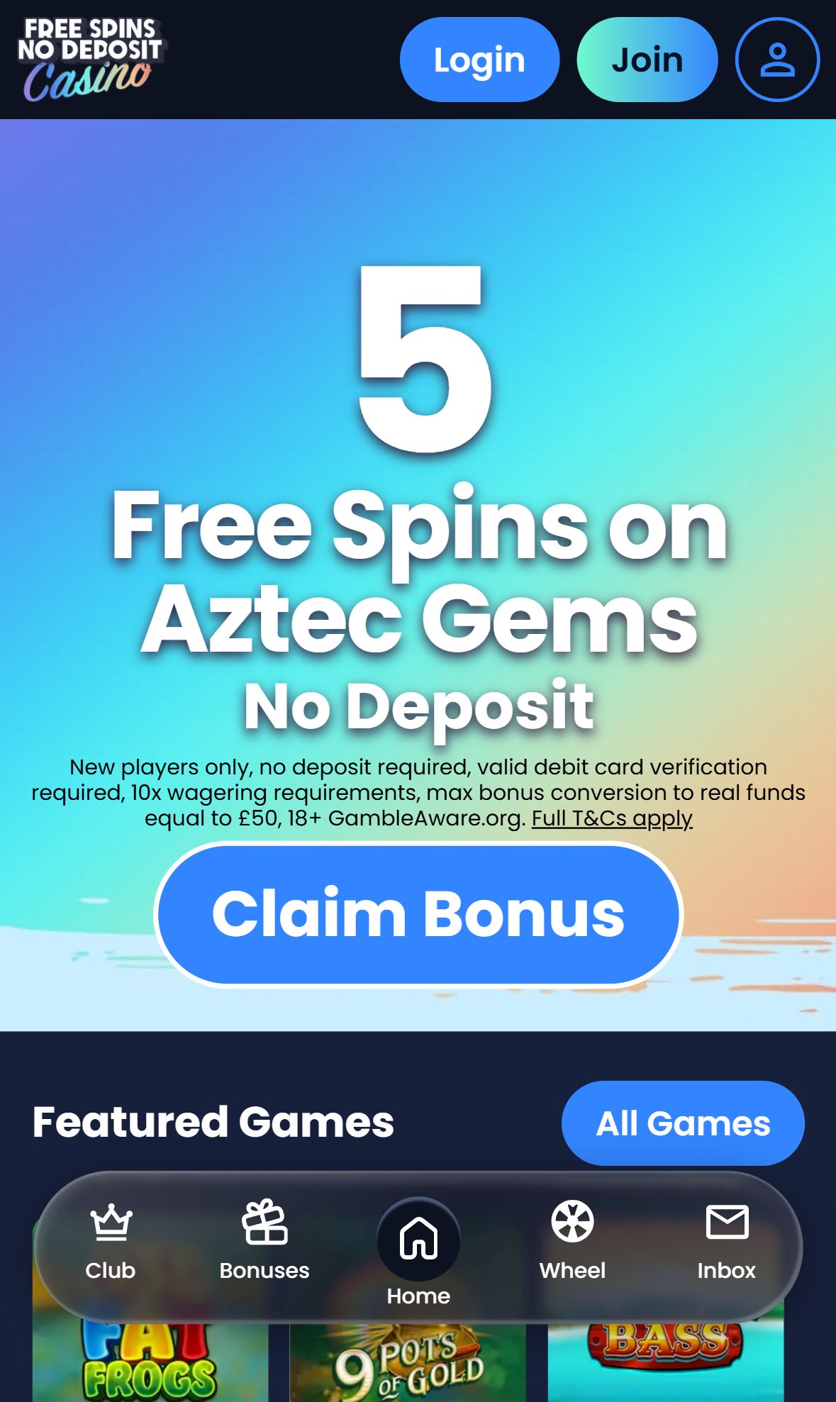 Free Spins No Deposit — Homepage (Mobile)