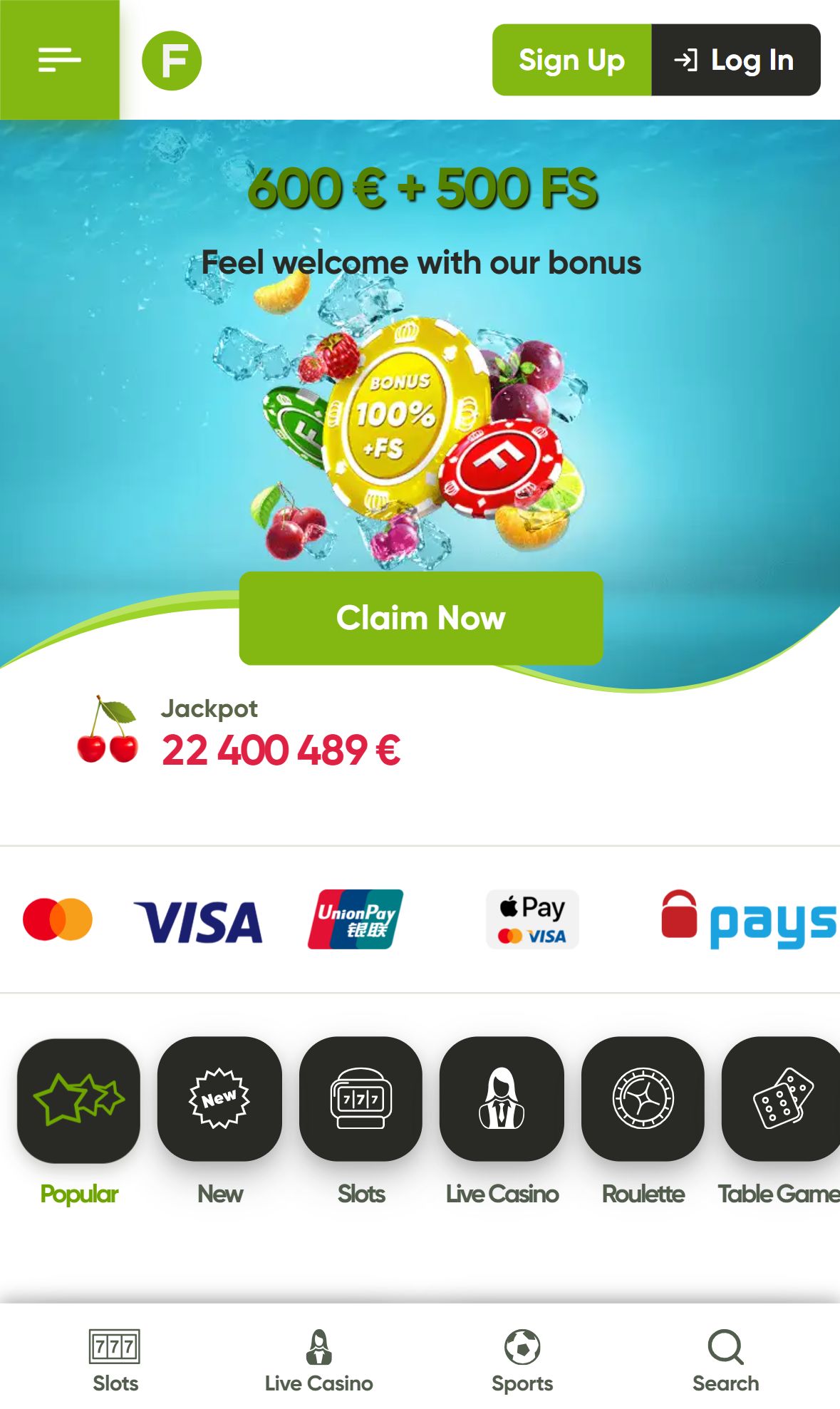 Fresh Casino — Lobby (Mobile)