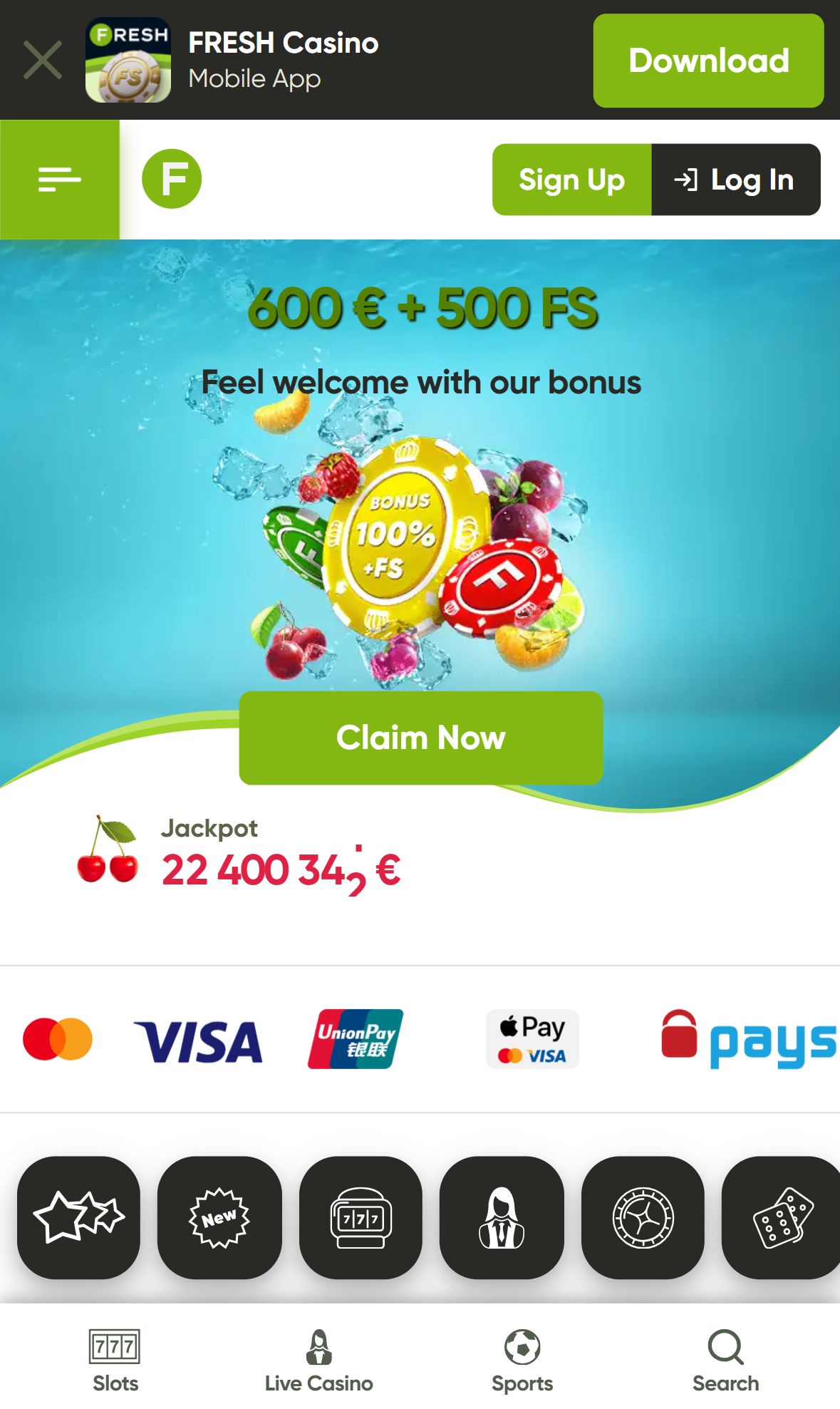 Fresh Casino — Homepage (Mobile)