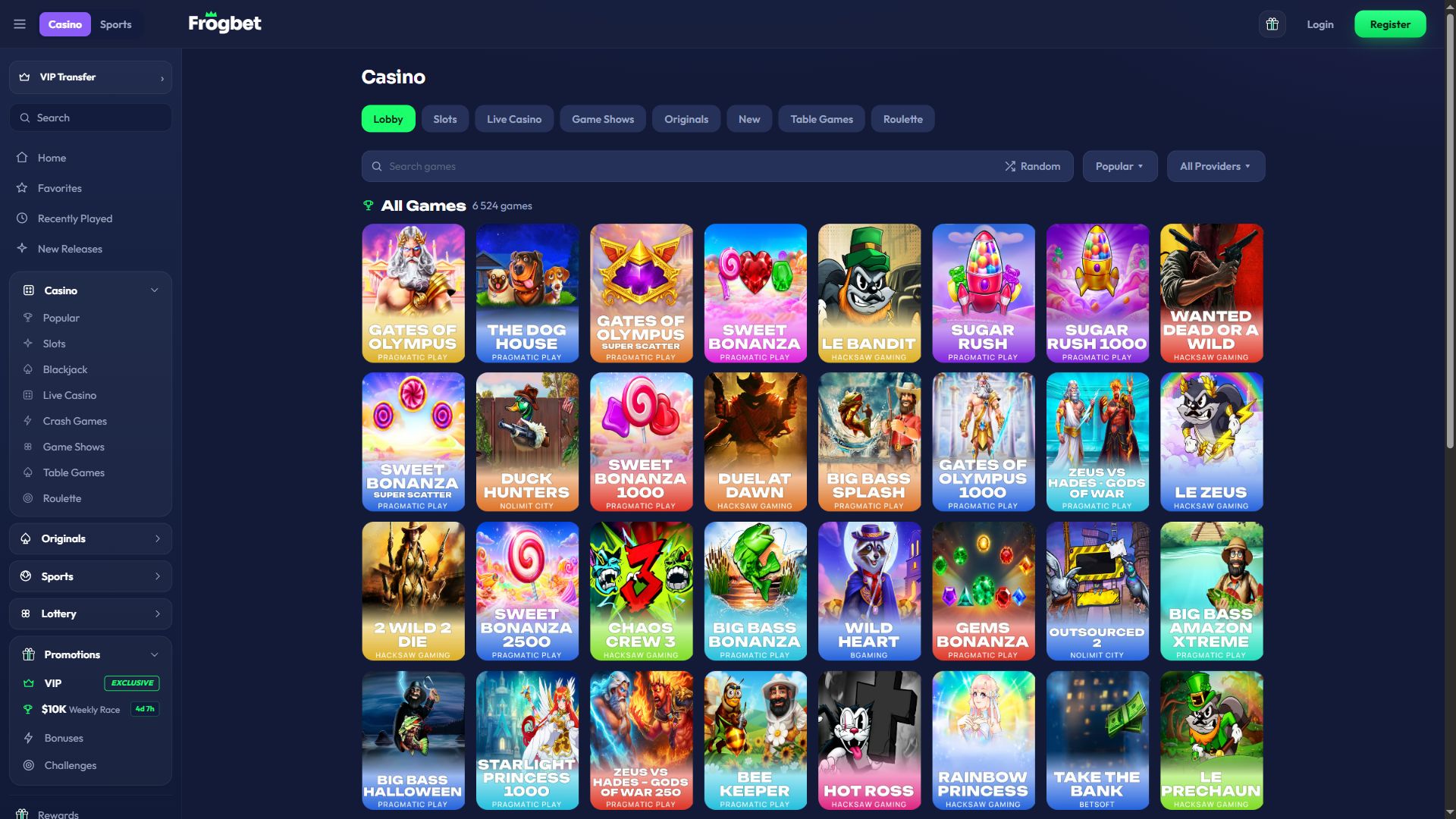 Frogbet — Lobby (Desktop)