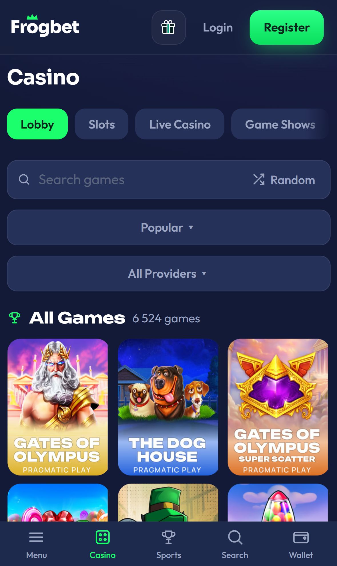 Frogbet — Lobby (Mobile)