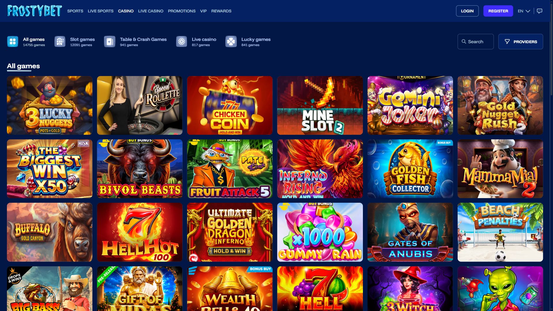 Frostybet — Lobby (Desktop)