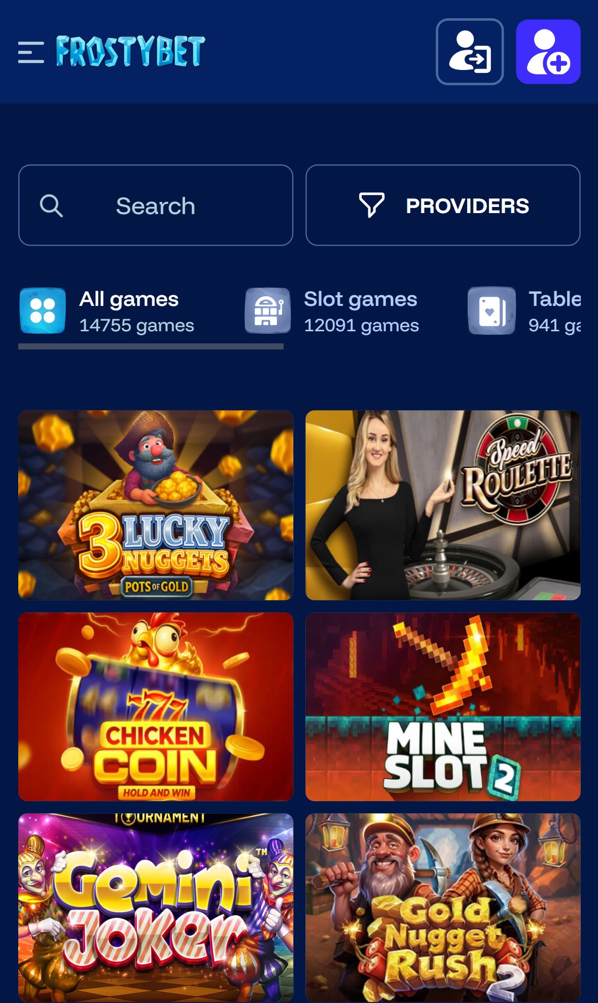 Frostybet — Lobby (Mobile)
