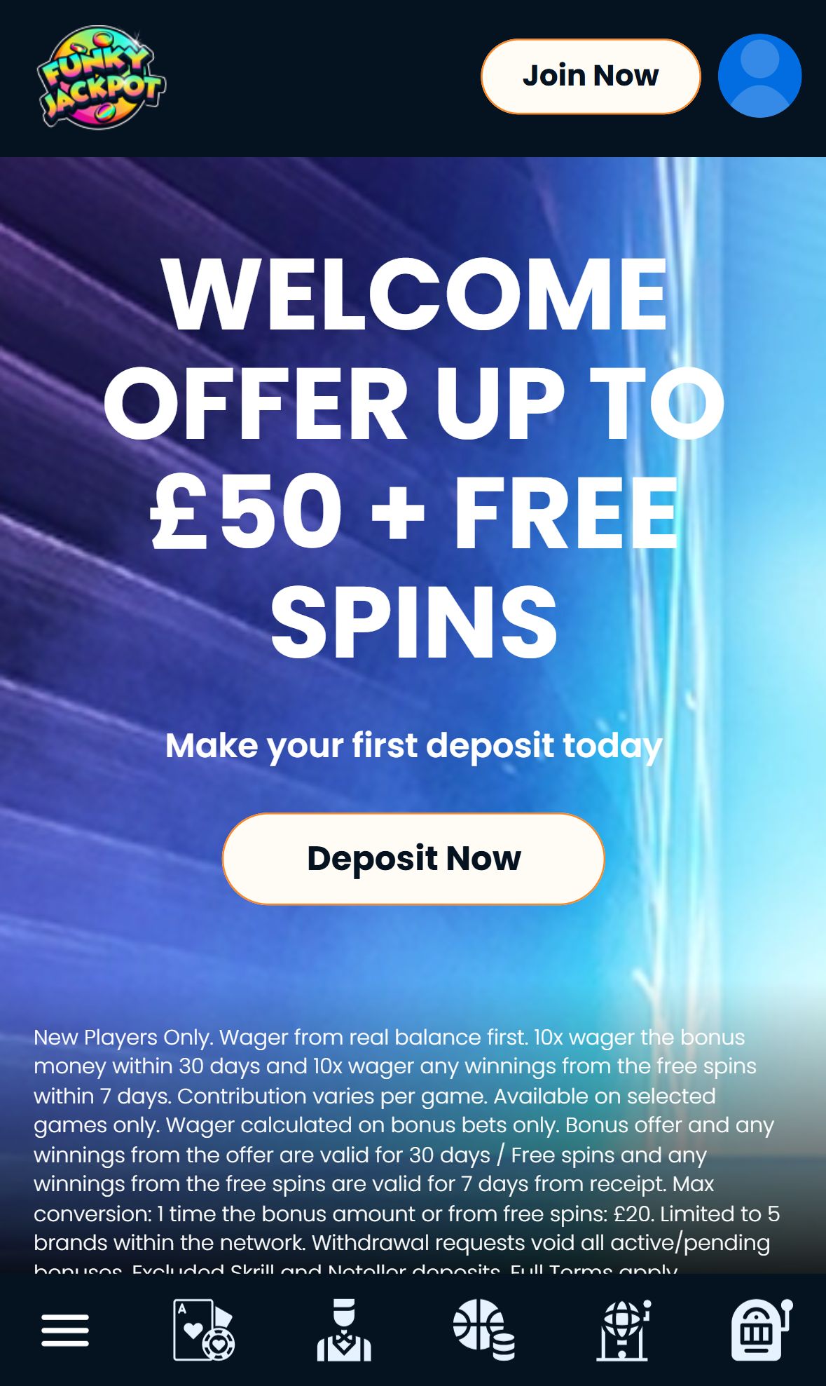 Funky Jackpot — Homepage (Mobile)