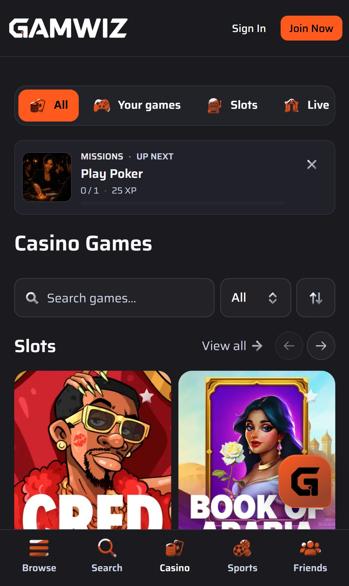 Gamwiz — Lobby (Mobile)