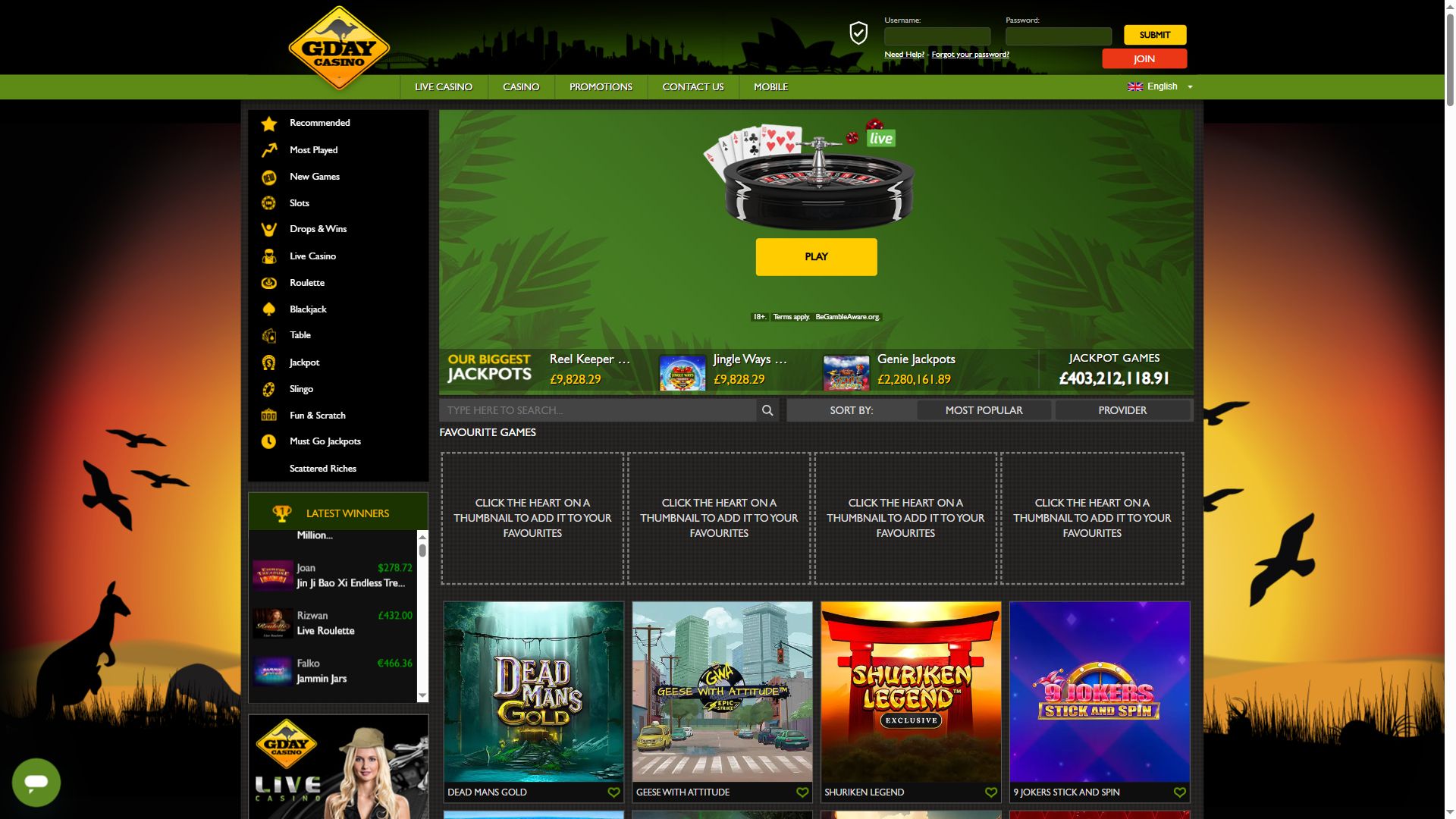Gdaycasino — Homepage (Desktop)