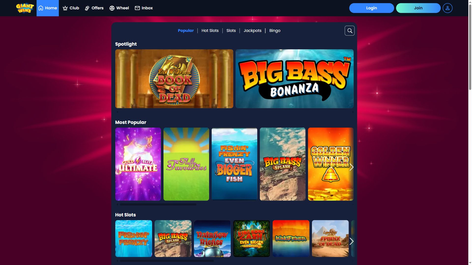 Giant Wins — Lobby (Desktop)