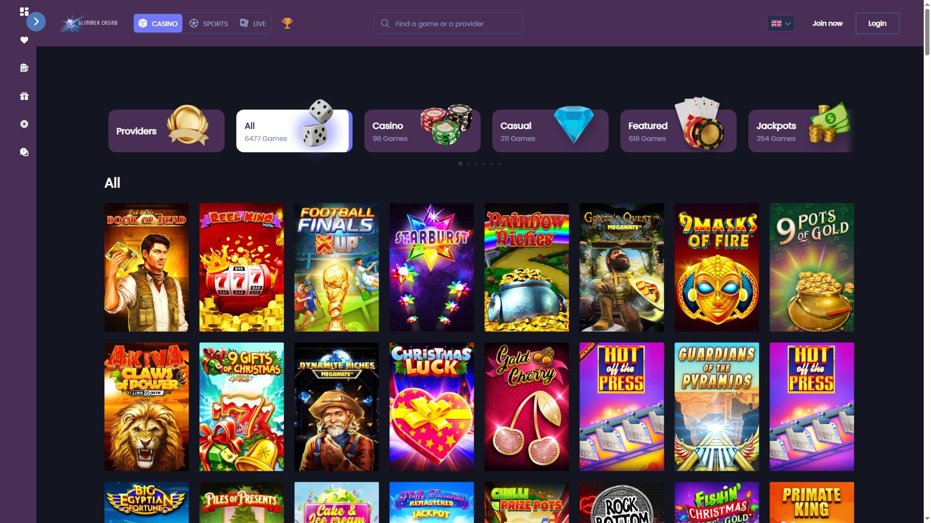 Glimmer Casino — Lobby (Desktop)