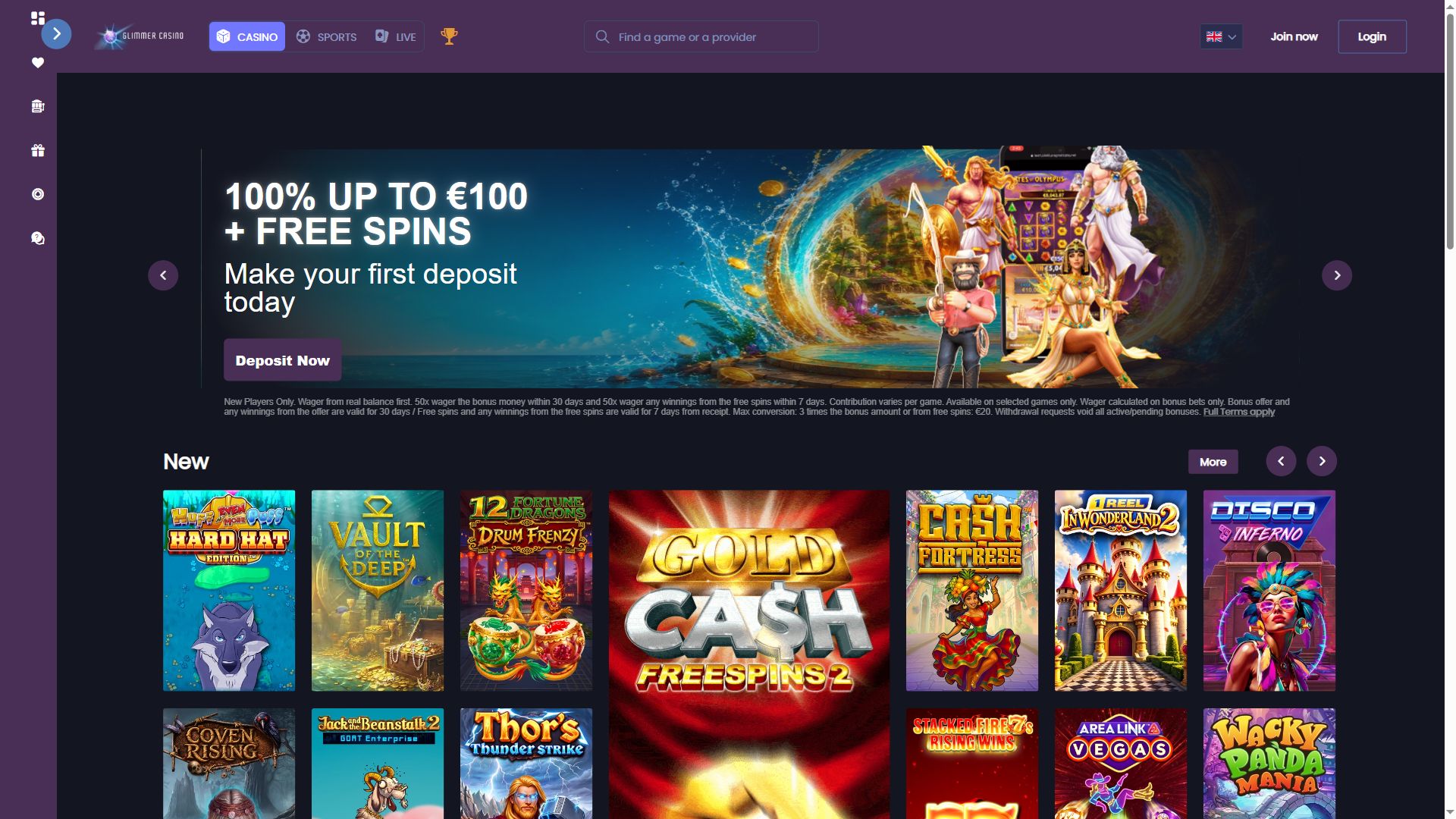Glimmer Casino — Homepage (Desktop)