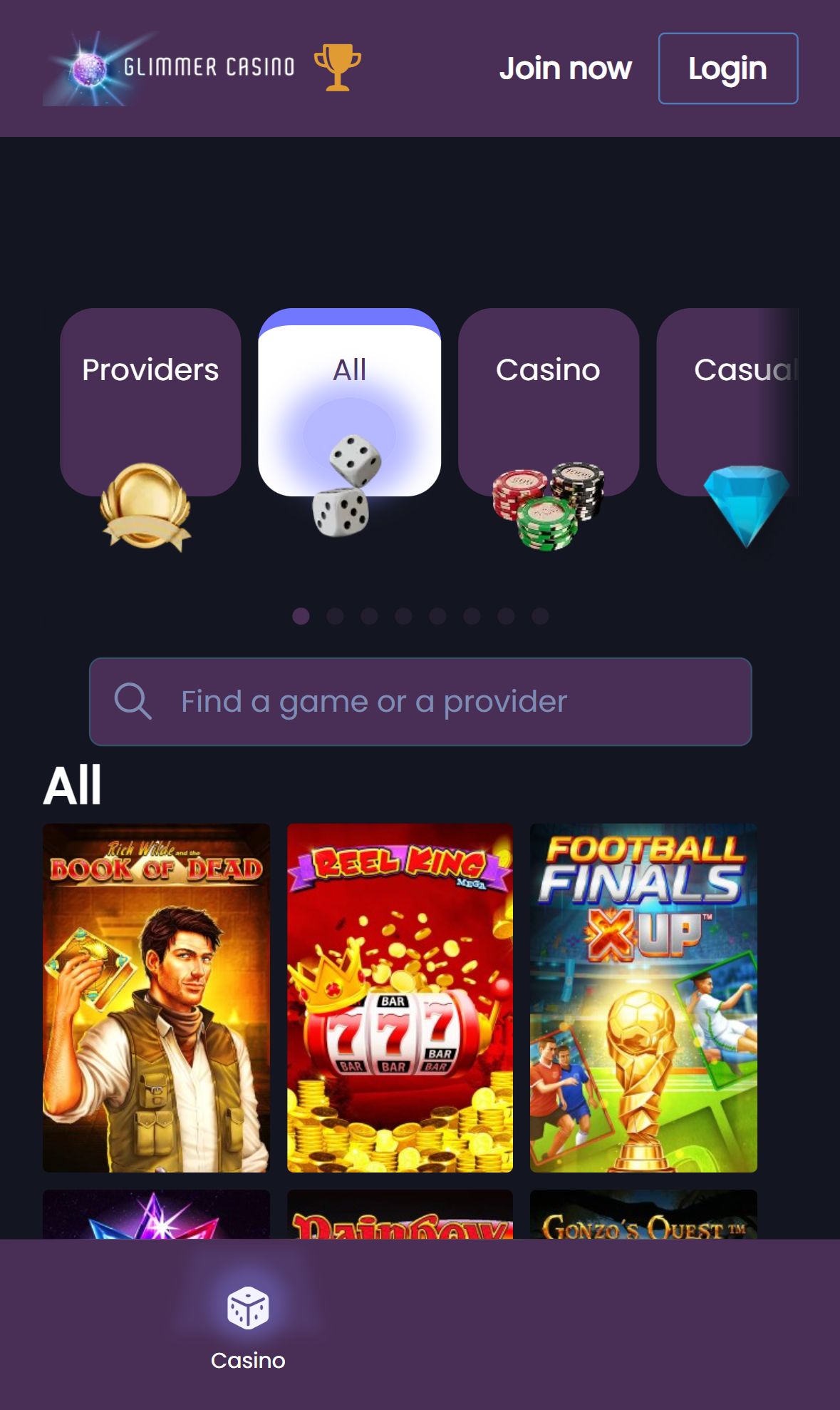 Glimmer Casino — Lobby (Mobile)