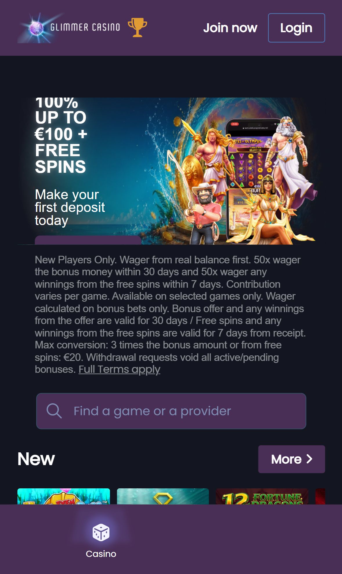 Glimmer Casino — Homepage (Mobile)