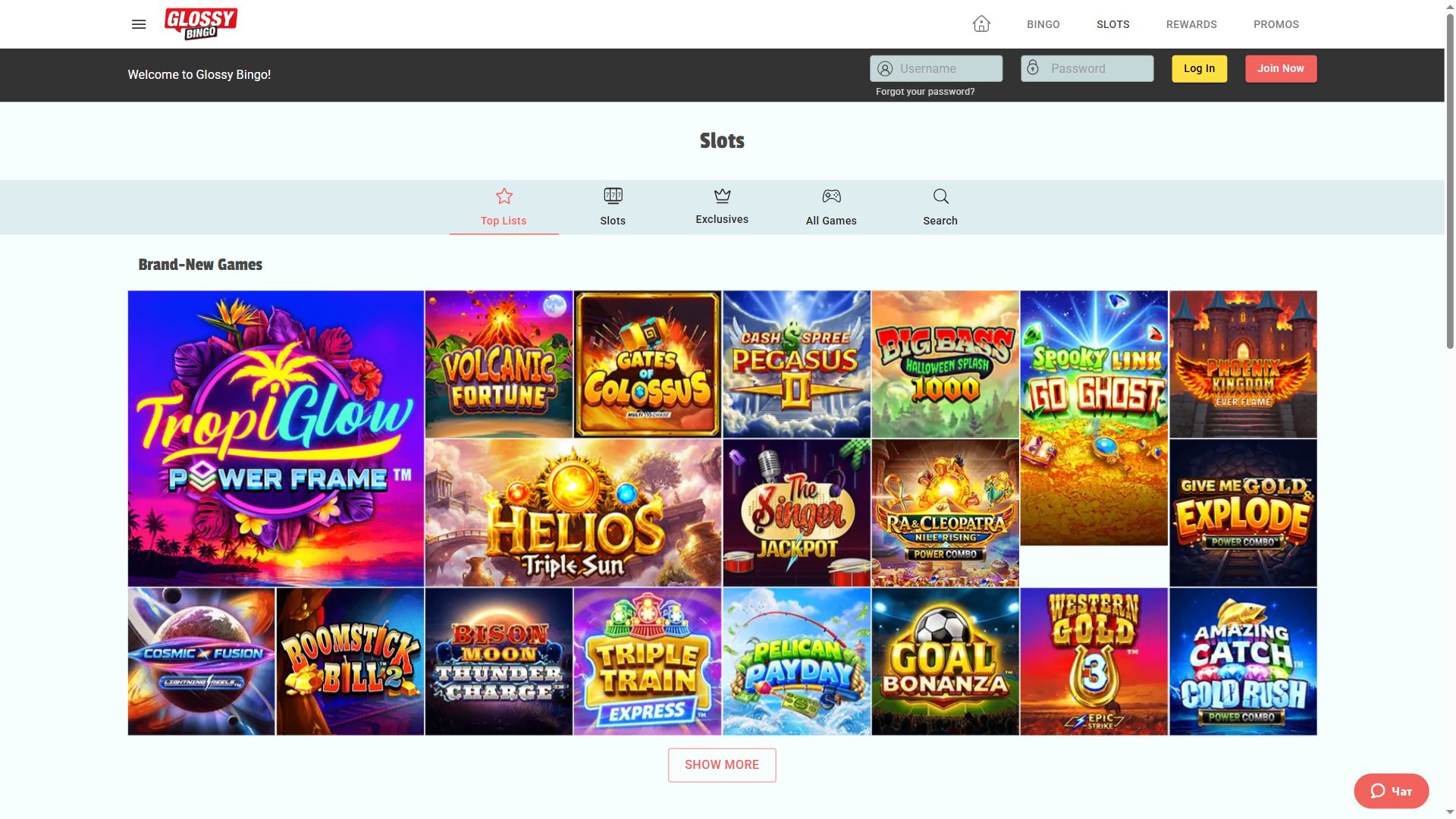 Glossybingo — Lobby (Desktop)
