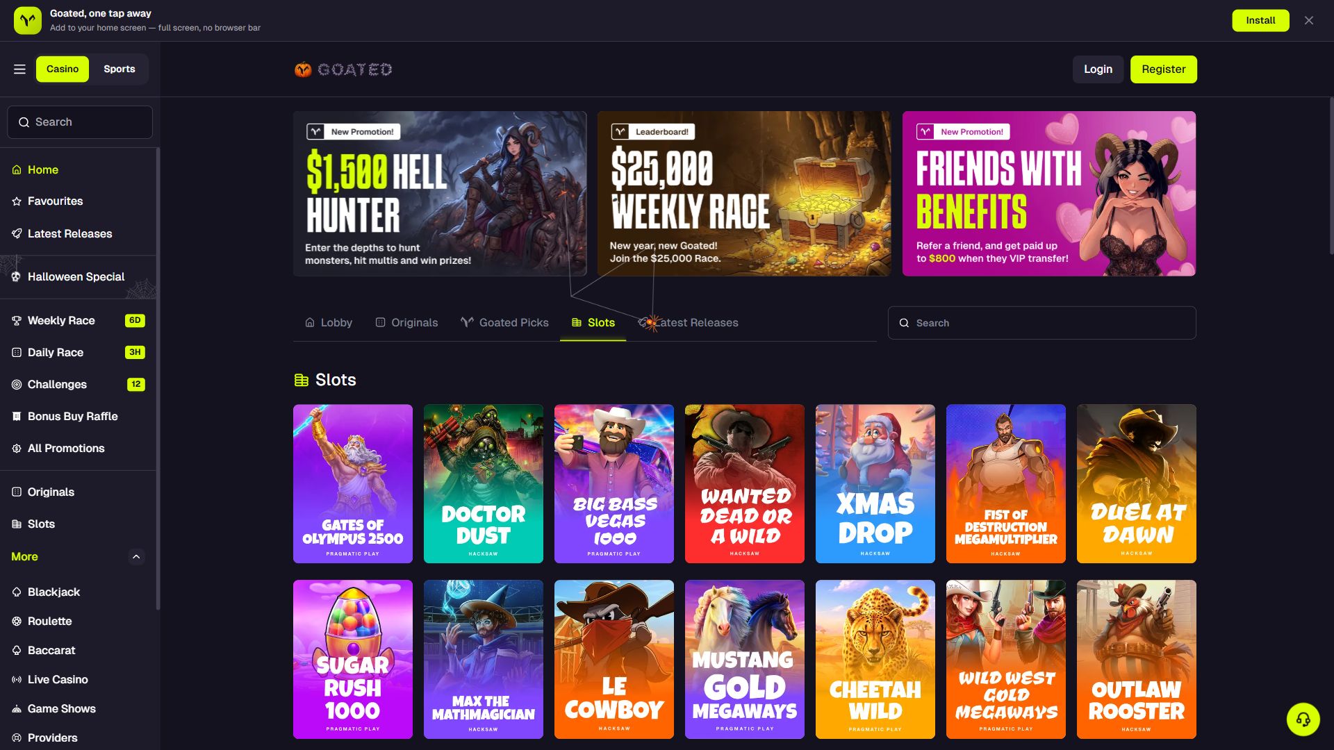 Goated — Lobby (Desktop)