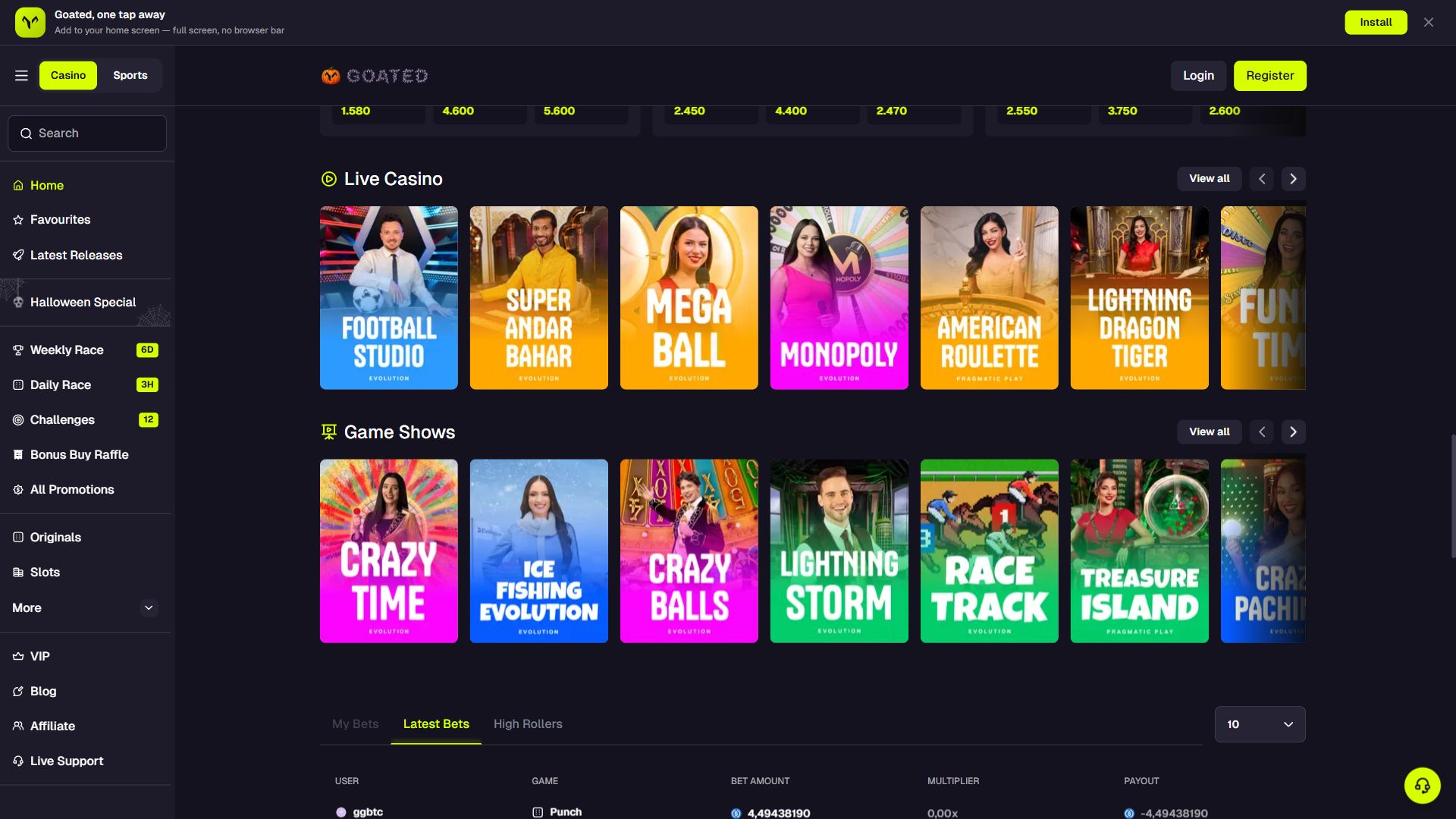 Goated — Homepage (Desktop)