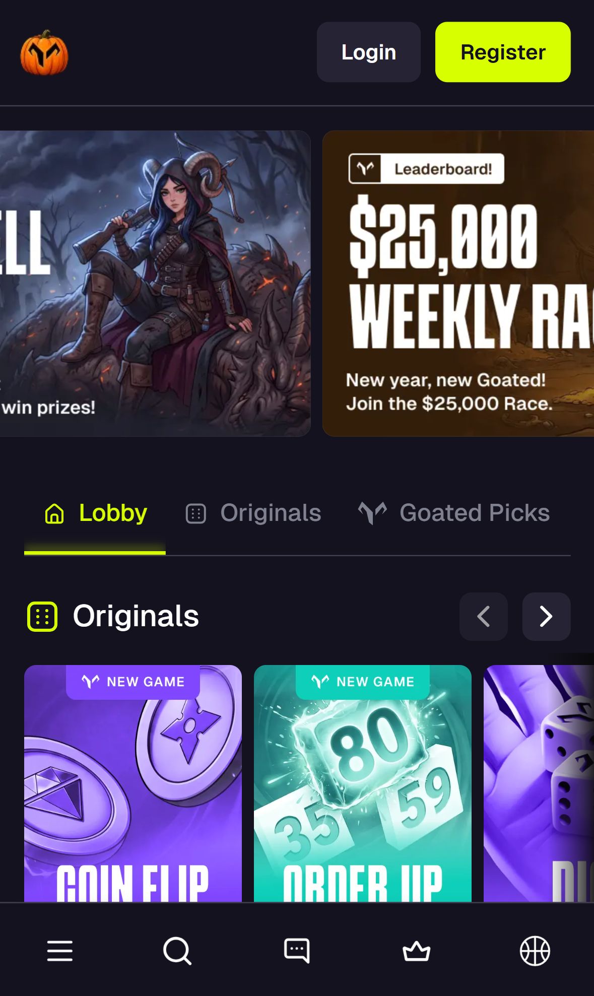 Goated — Homepage (Mobile)