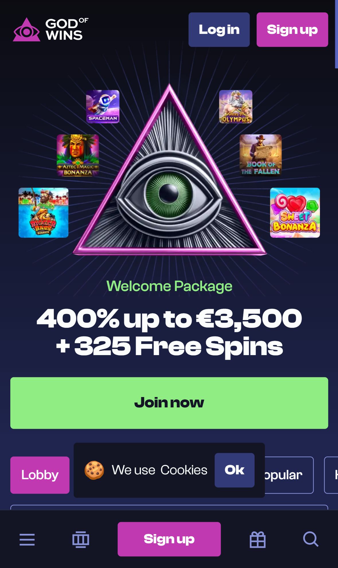 God of Wins — Homepage (Mobile)